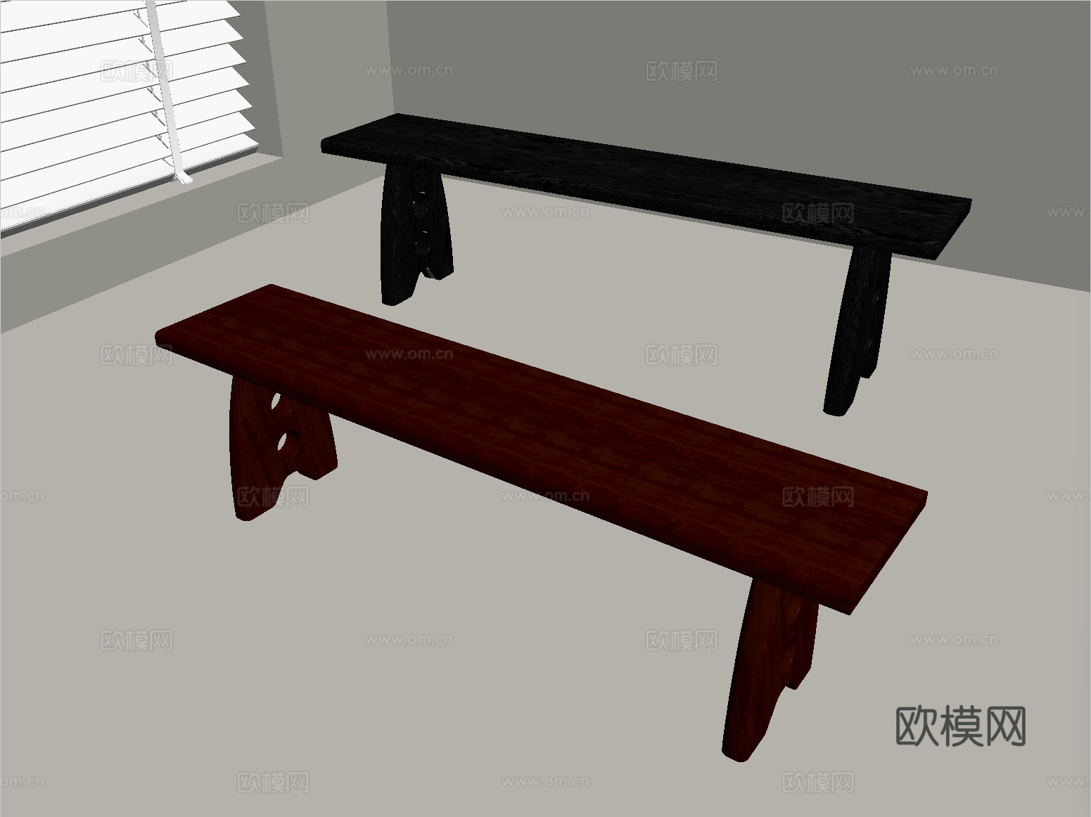 中古风长条凳 实木长凳子 餐厅长凳 换鞋凳su模型