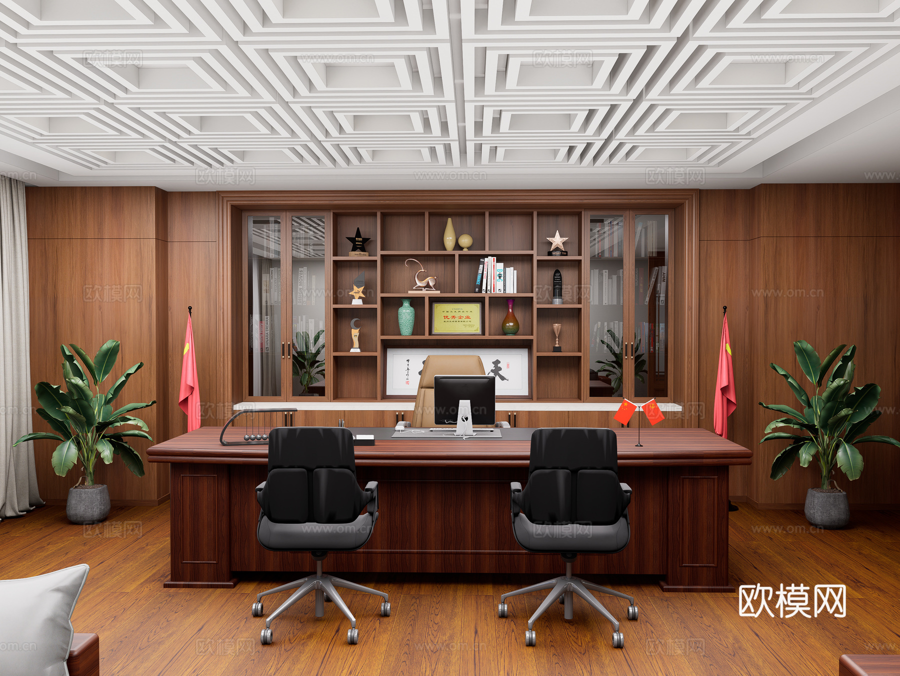 新中式董事长办公室 总经理办公室 领导办公桌  董事长老板桌su模型
