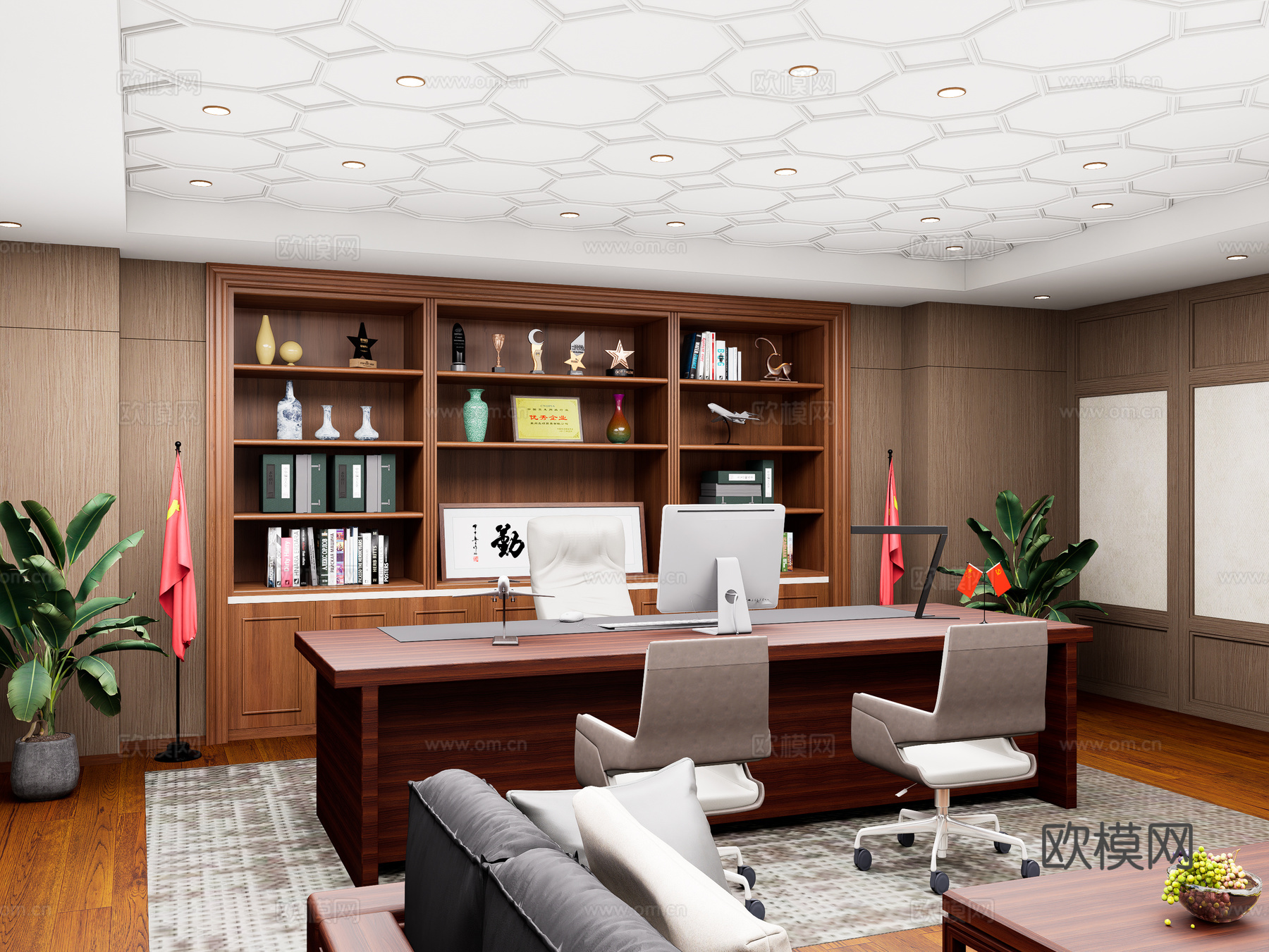 新中式董事长办公室 总经理办公室 领导办公桌  董事长老板桌su模型