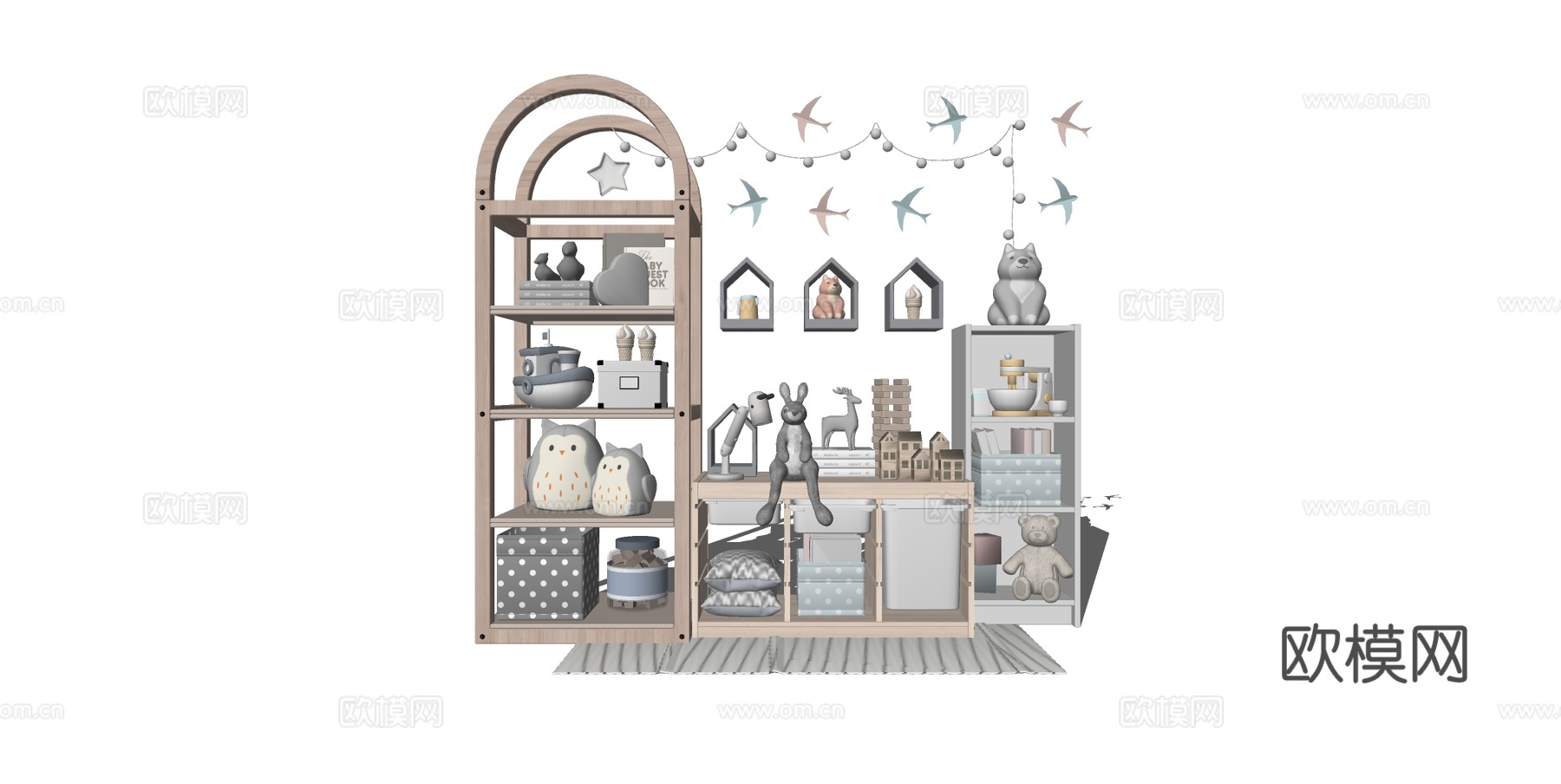 儿童房收纳架 早教玩具 动物造型玩偶 亲子阅读角 幼儿园区角su模型