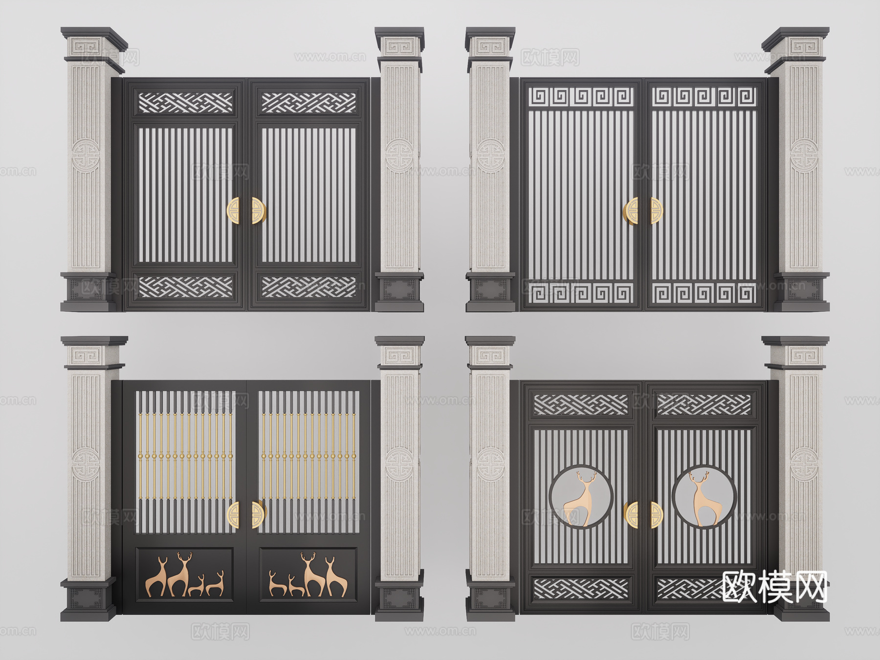新中式别墅庭院门 新中式庭院大门 中式铝合金门 户外庭院门su模型