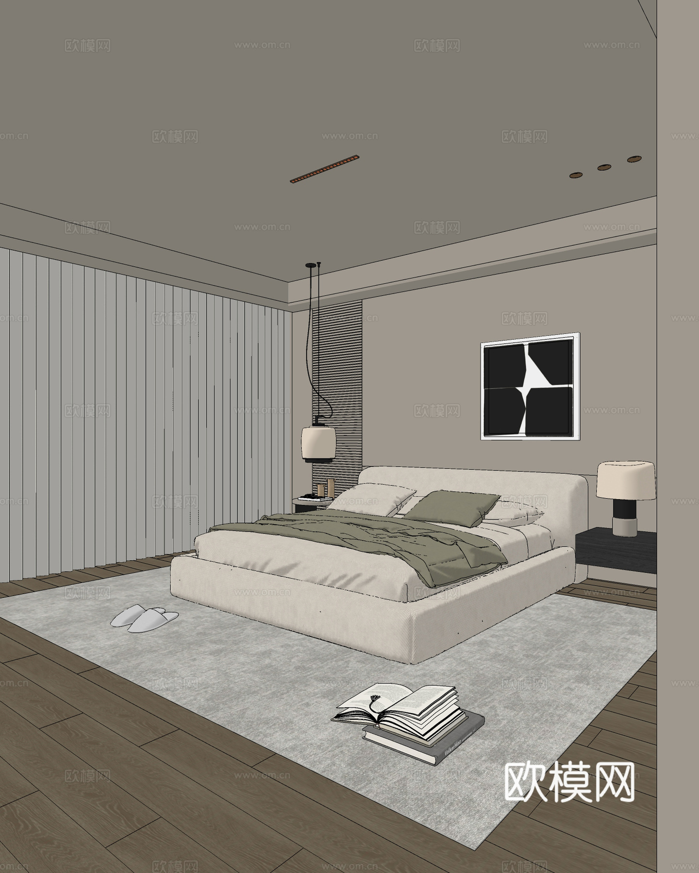 现代卧室 双人床 主卧 老人房 台灯 吊灯su模型