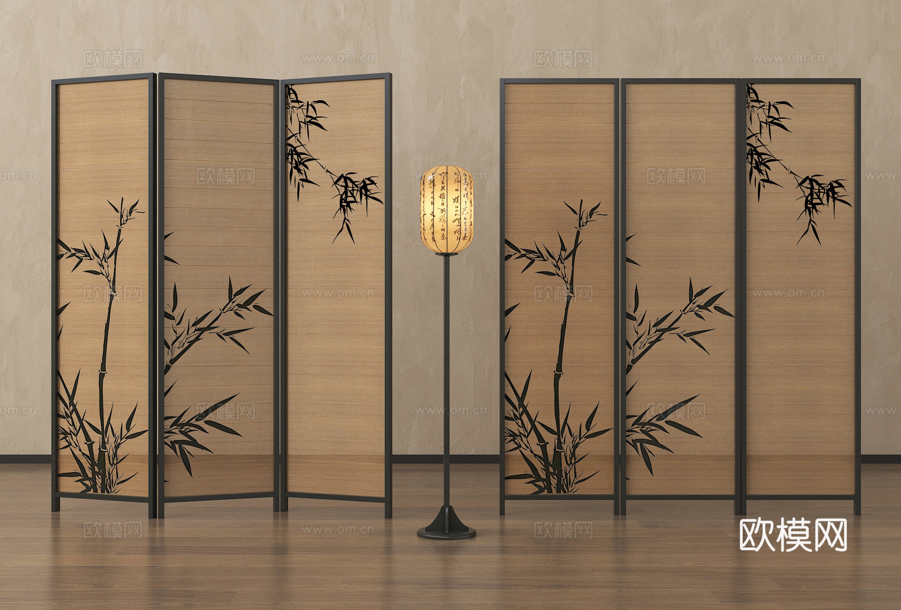 新中式屏风 隔断 折叠式屏风 落地灯su模型