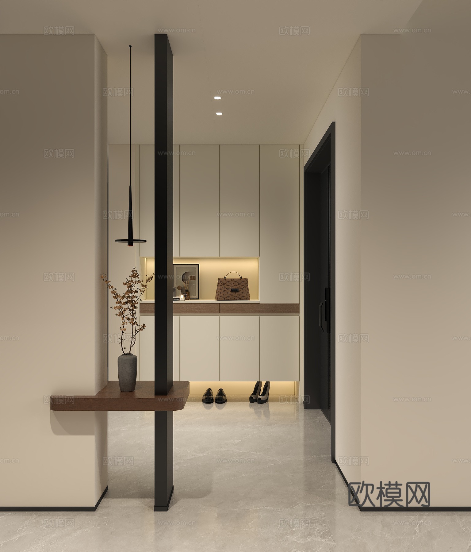 现代极简玄关门厅 现代简约入户端景 现代玄关鞋柜 玄关吊线灯su模型