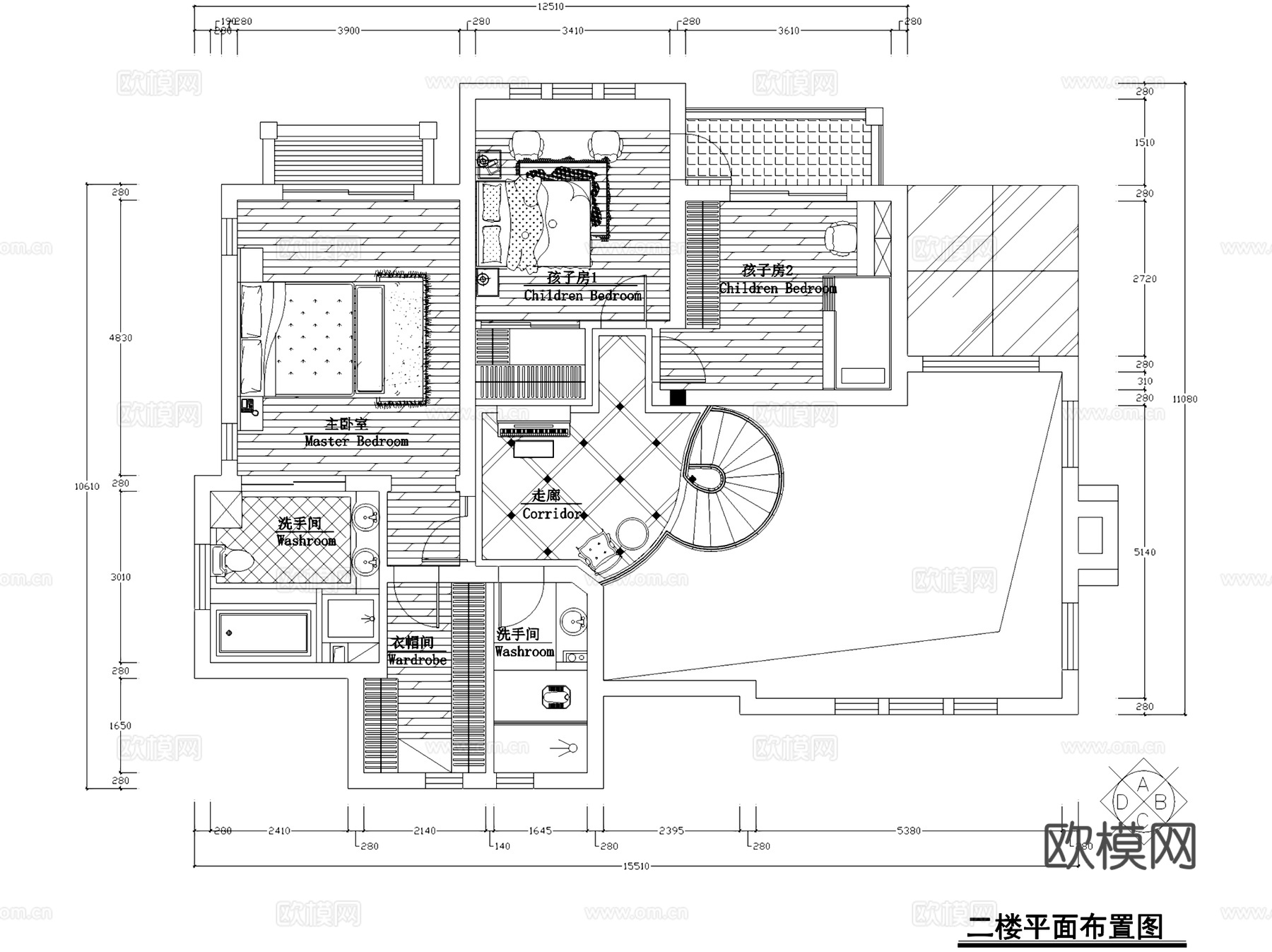 二层欧式别墅室内家装CAD施工图cad施工图