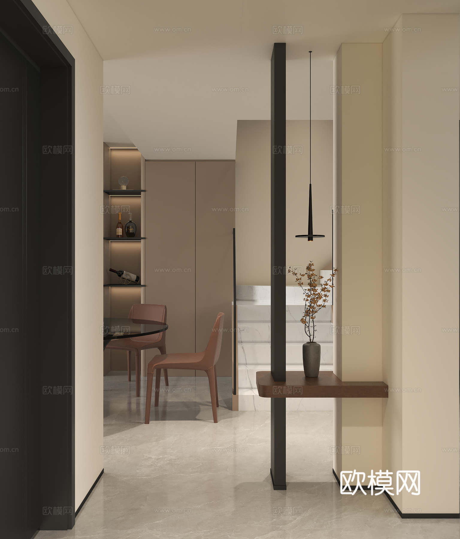 现代极简玄关门厅 现代简约入户端景 玄关吊线灯枯枝 玄关隔断su模型