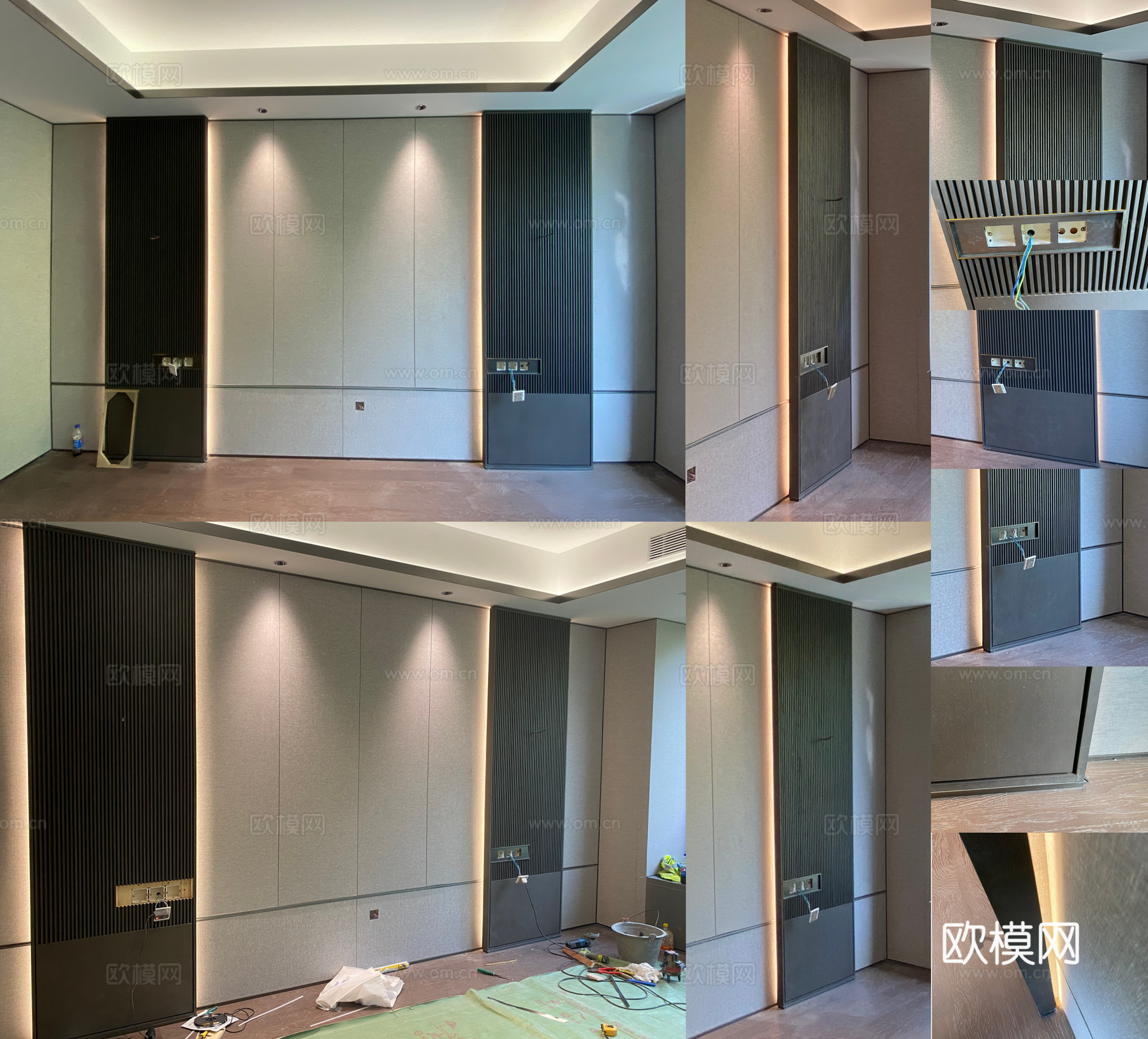 床头背景墙造型、床头木格栅屏风、床头暗藏灯带造型、床头硬包cad施工图