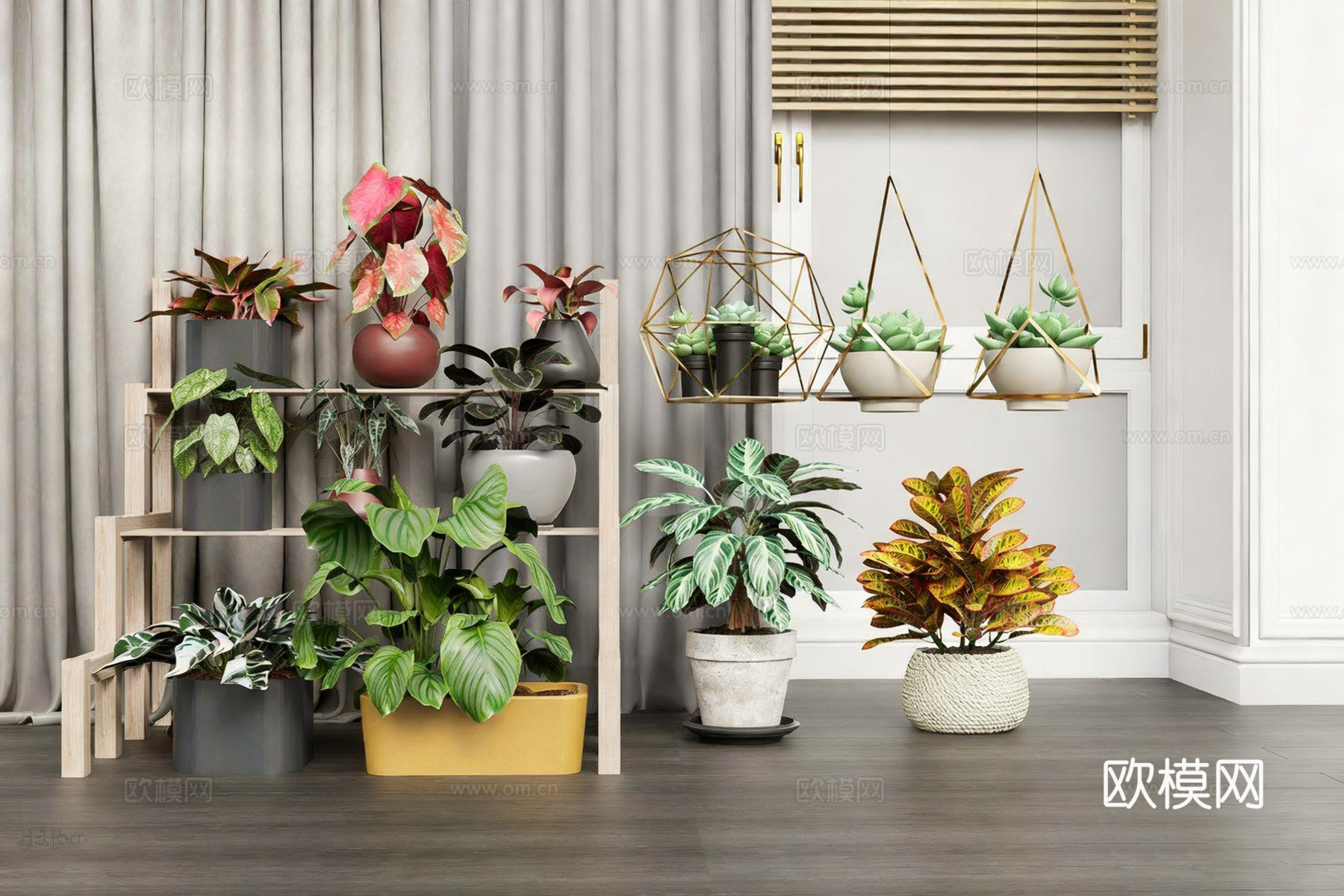 北欧风室内绿植 原木花架 多肉吊篮 观叶植物su模型