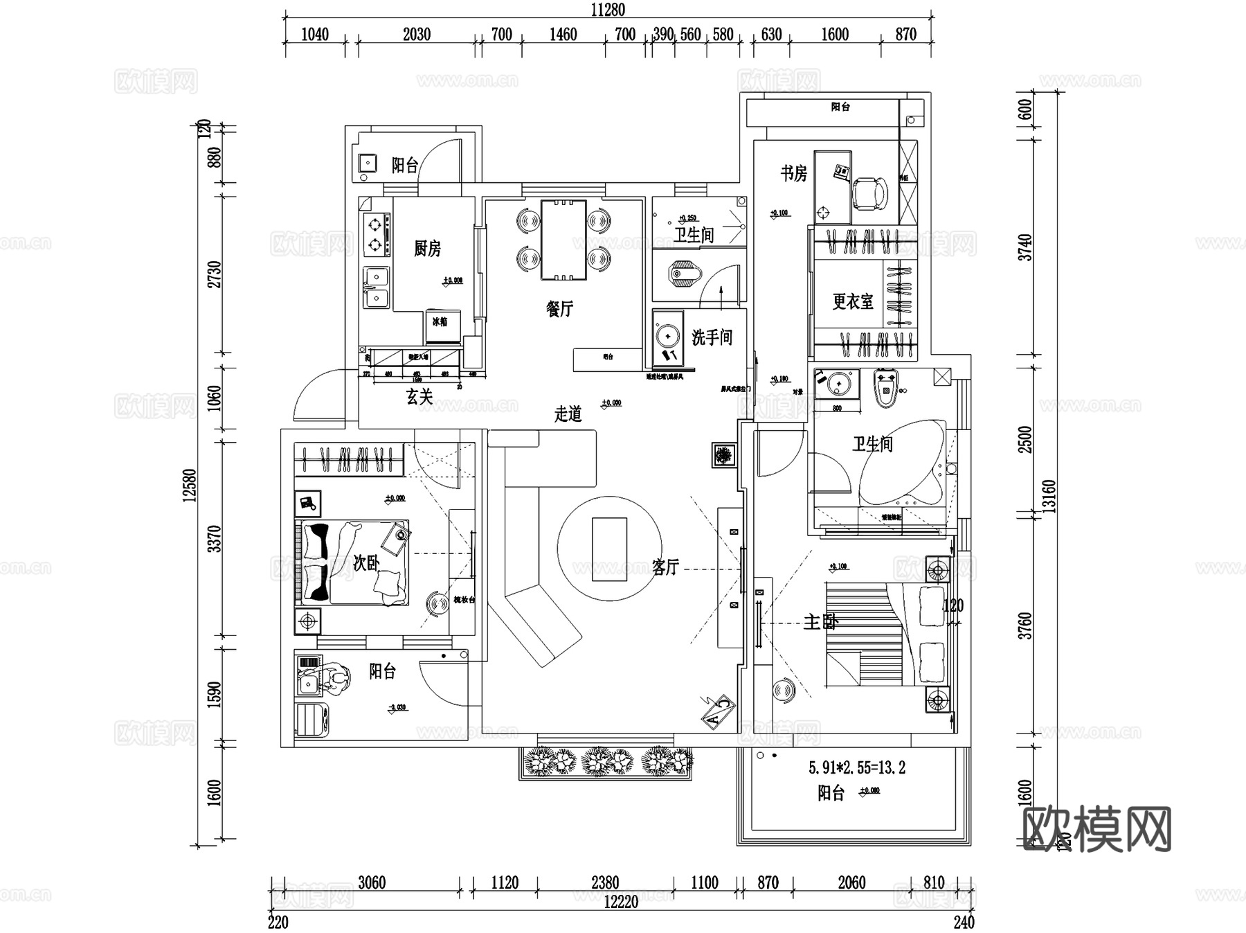 奥林匹克花园平层室内家装CAD施工图cad施工图