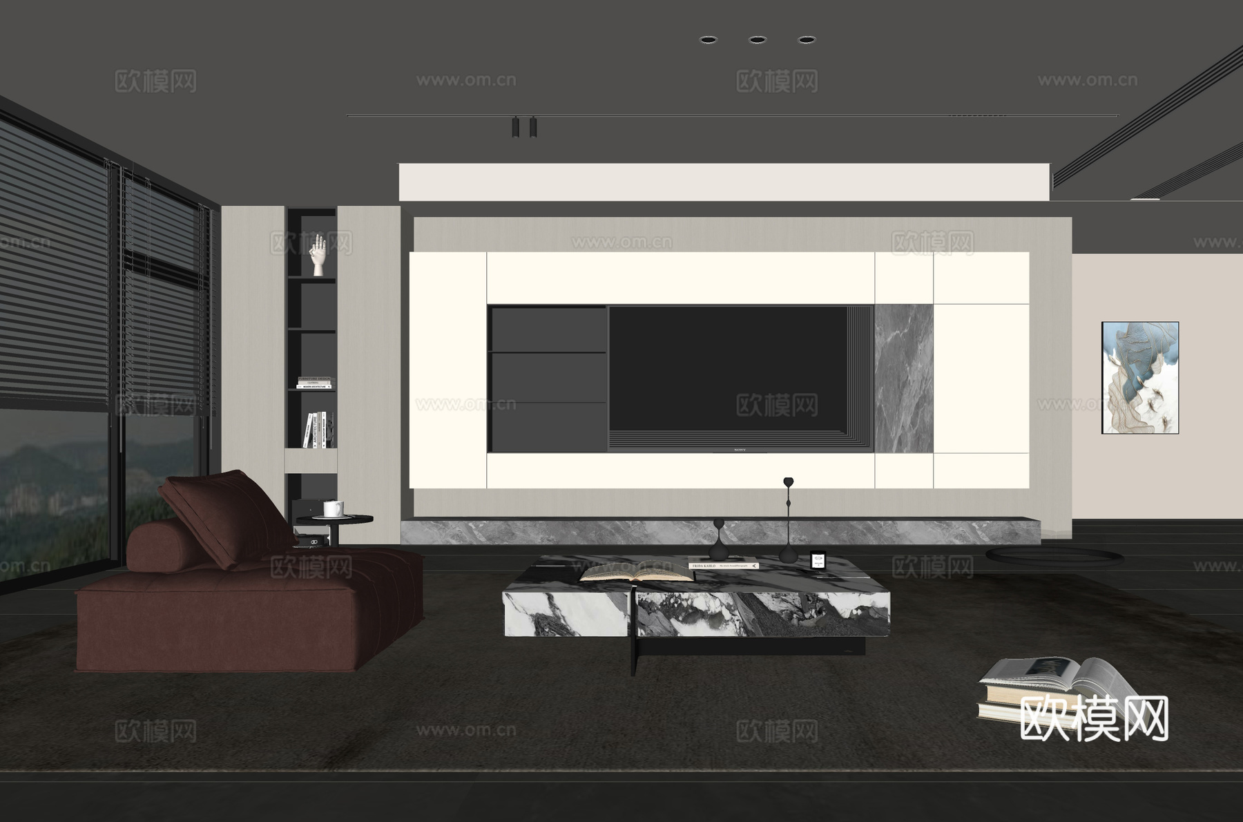 意式客厅 现代客厅 电视背景墙 电视柜 客厅背景 沙发茶几组su模型