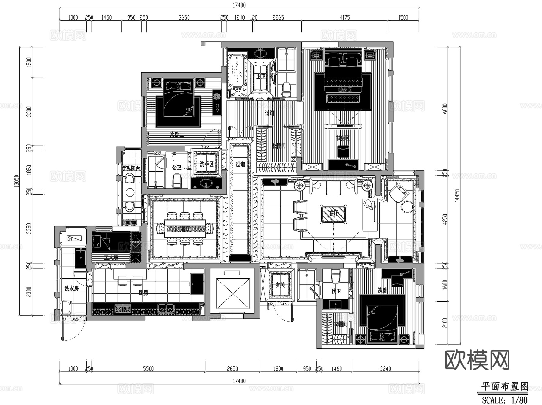 保亿西安风景御园平层样板房室内家装CAD施工图整套cad施工图