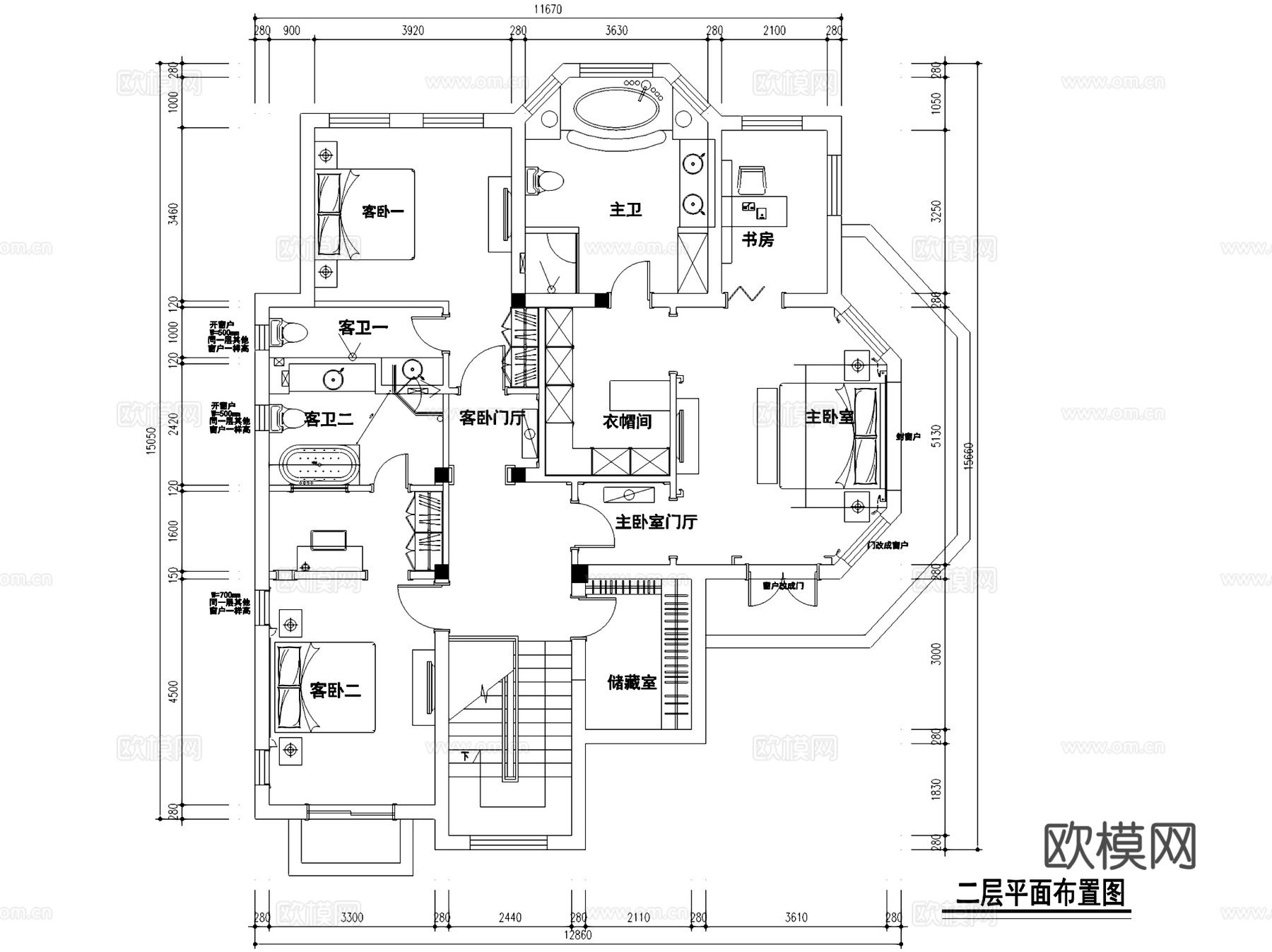 常熟润欣花园A130二层独栋别墅室内家装CAD施工图cad施工图