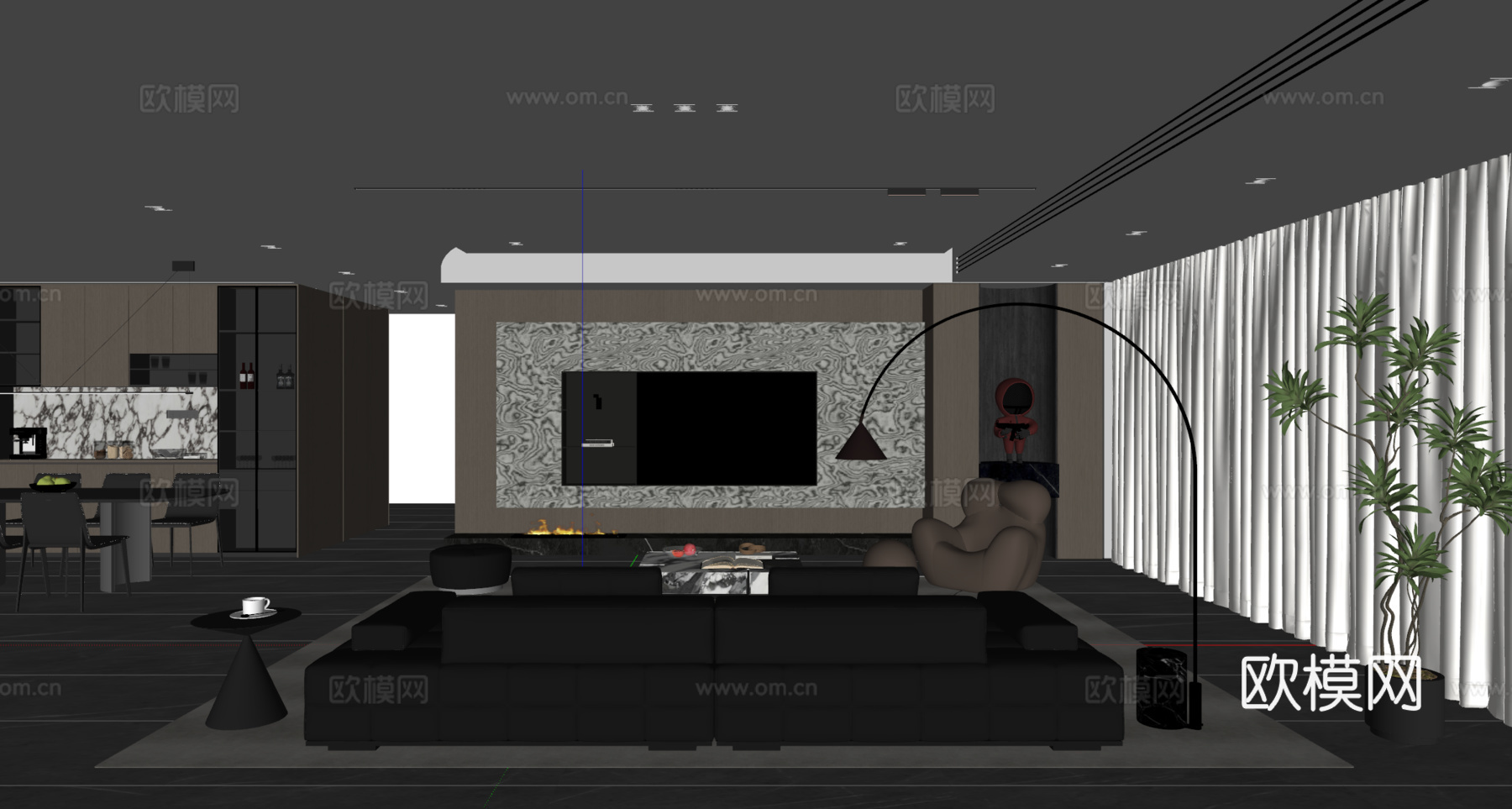 现代意式客餐厅 沙发茶几 餐桌椅 电视背景墙 餐边柜su模型