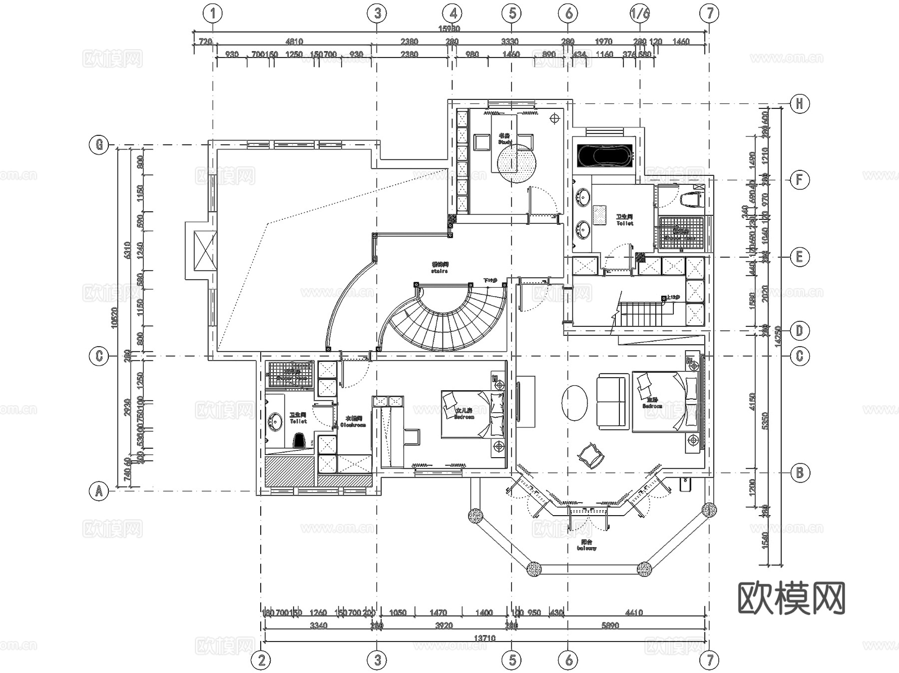 复地爱伦坡二层别墅室内家装CAD施工图cad施工图