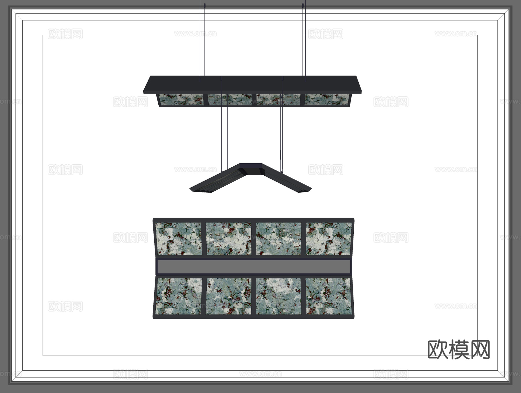 新中式桌球吊灯，透光石，长形吊灯，拼接吊灯su模型