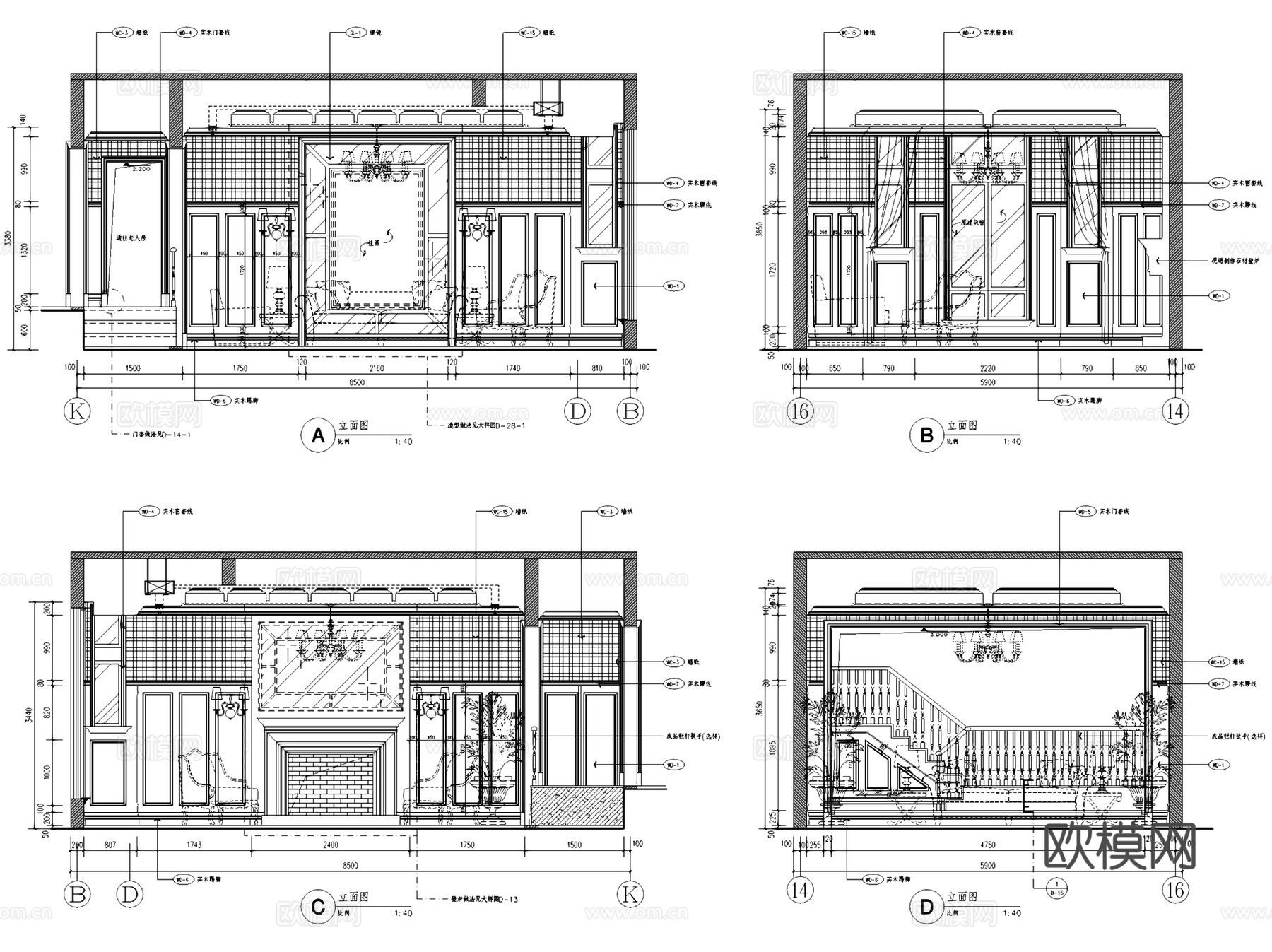 晋渝林畔英伦风三层别墅室内家装CAD施工图整套cad施工图
