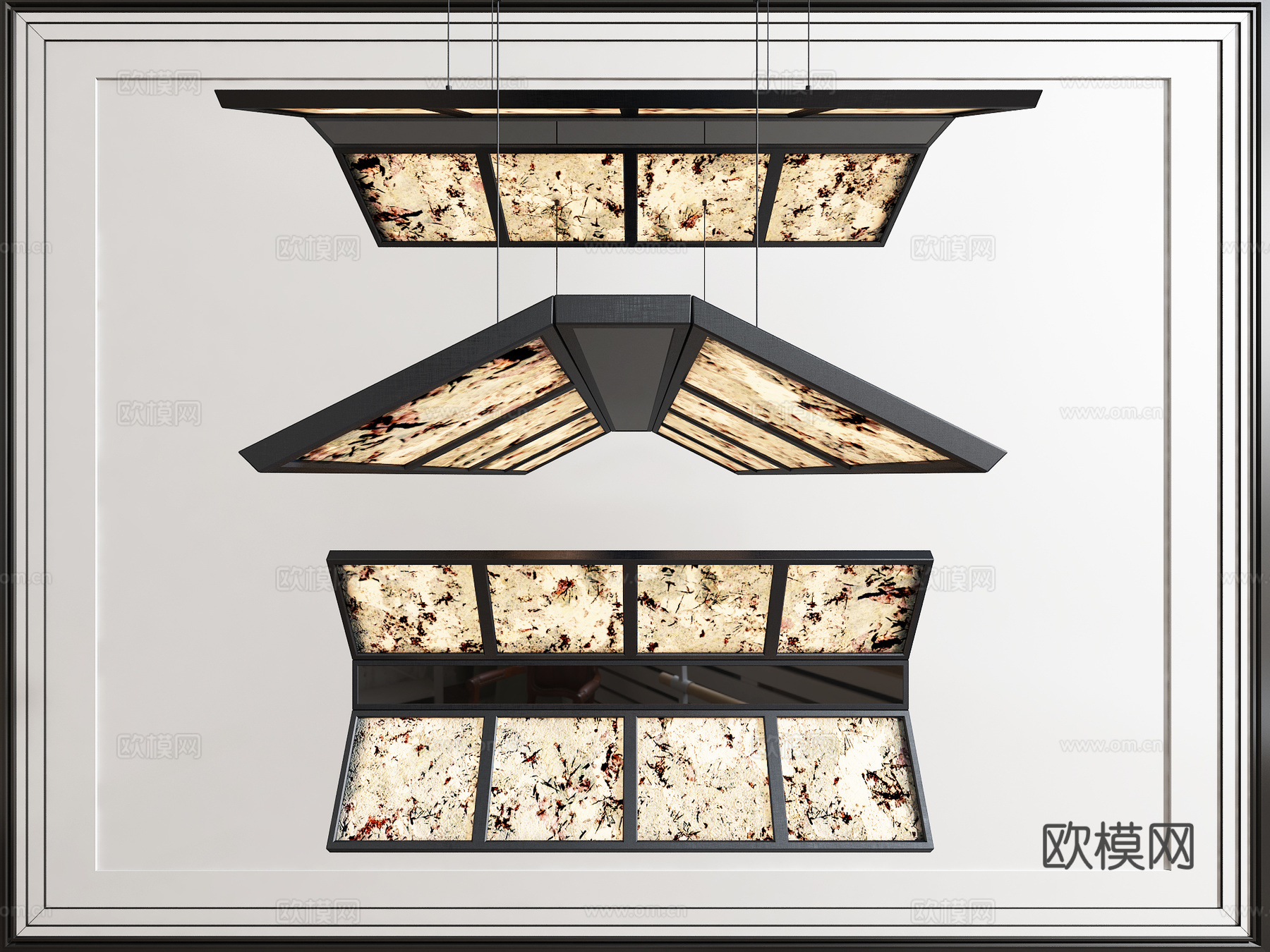 新中式桌球吊灯，透光石，长形吊灯，拼接吊灯su模型