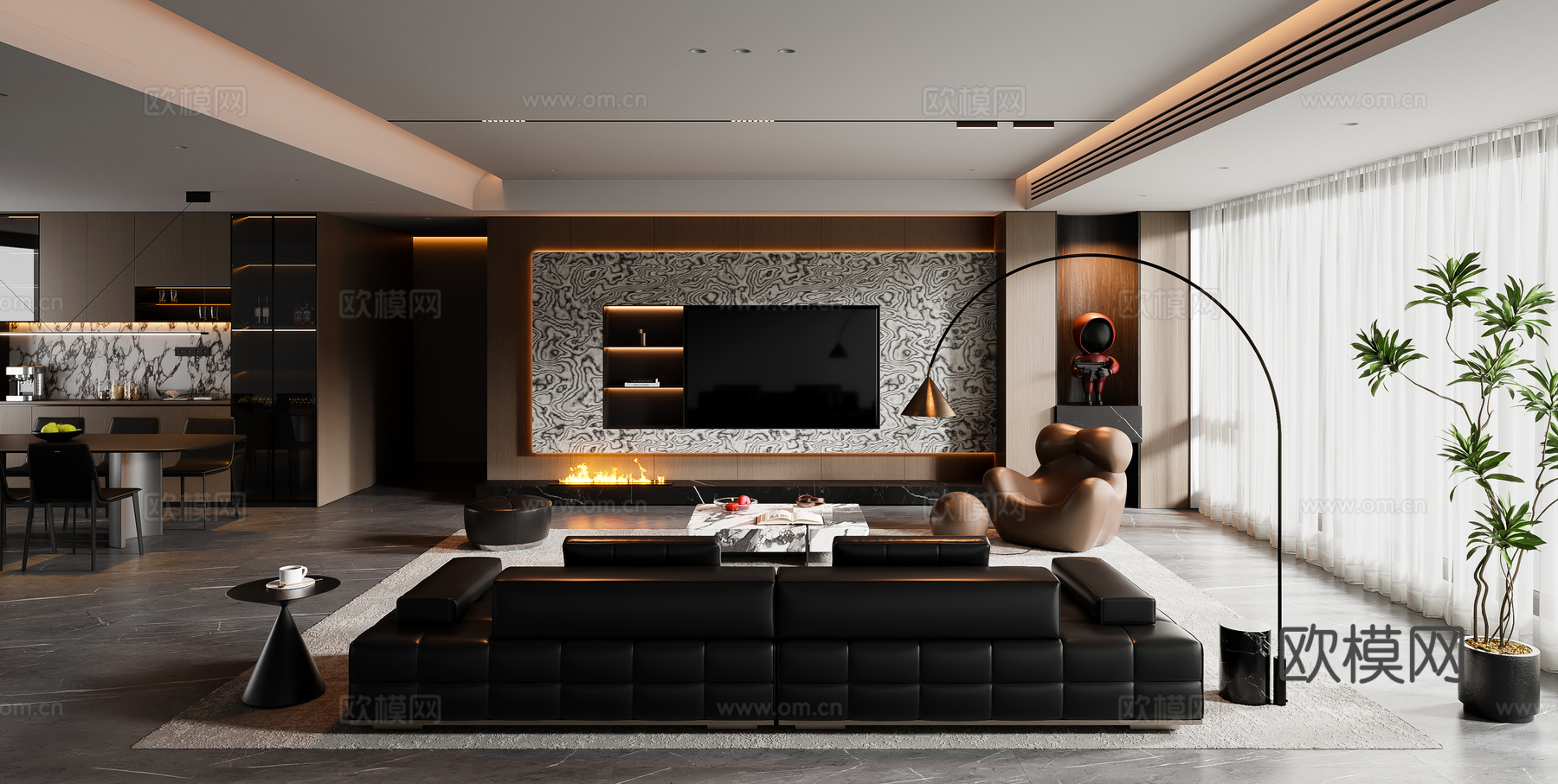 现代意式客餐厅 沙发茶几 餐桌椅 电视背景墙 餐边柜su模型