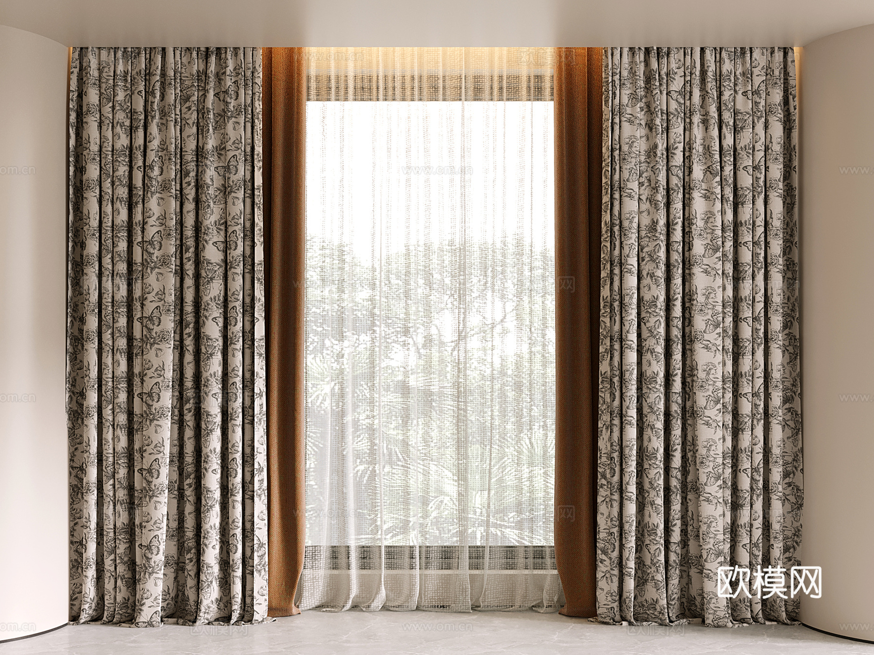 法式布艺窗帘 复古印花窗帘 提花遮阳帘 纱帘3d模型下载