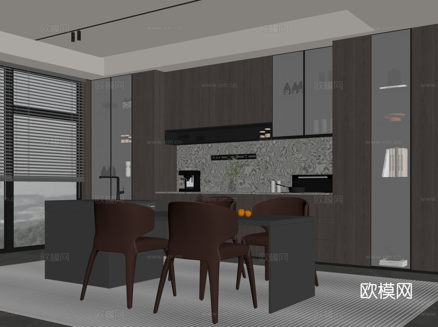 现代意式餐厅 酒柜 岛台 餐桌椅su模型