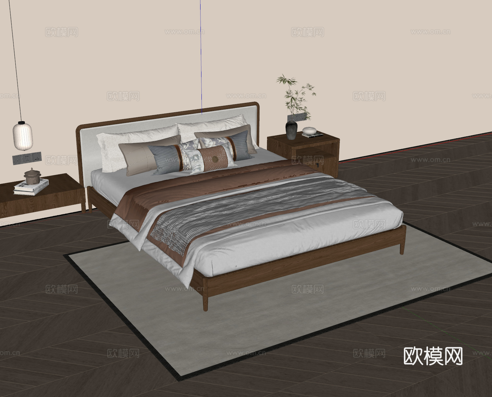 新中式双人床 实木双人床 床头柜 吊灯 地毯su模型