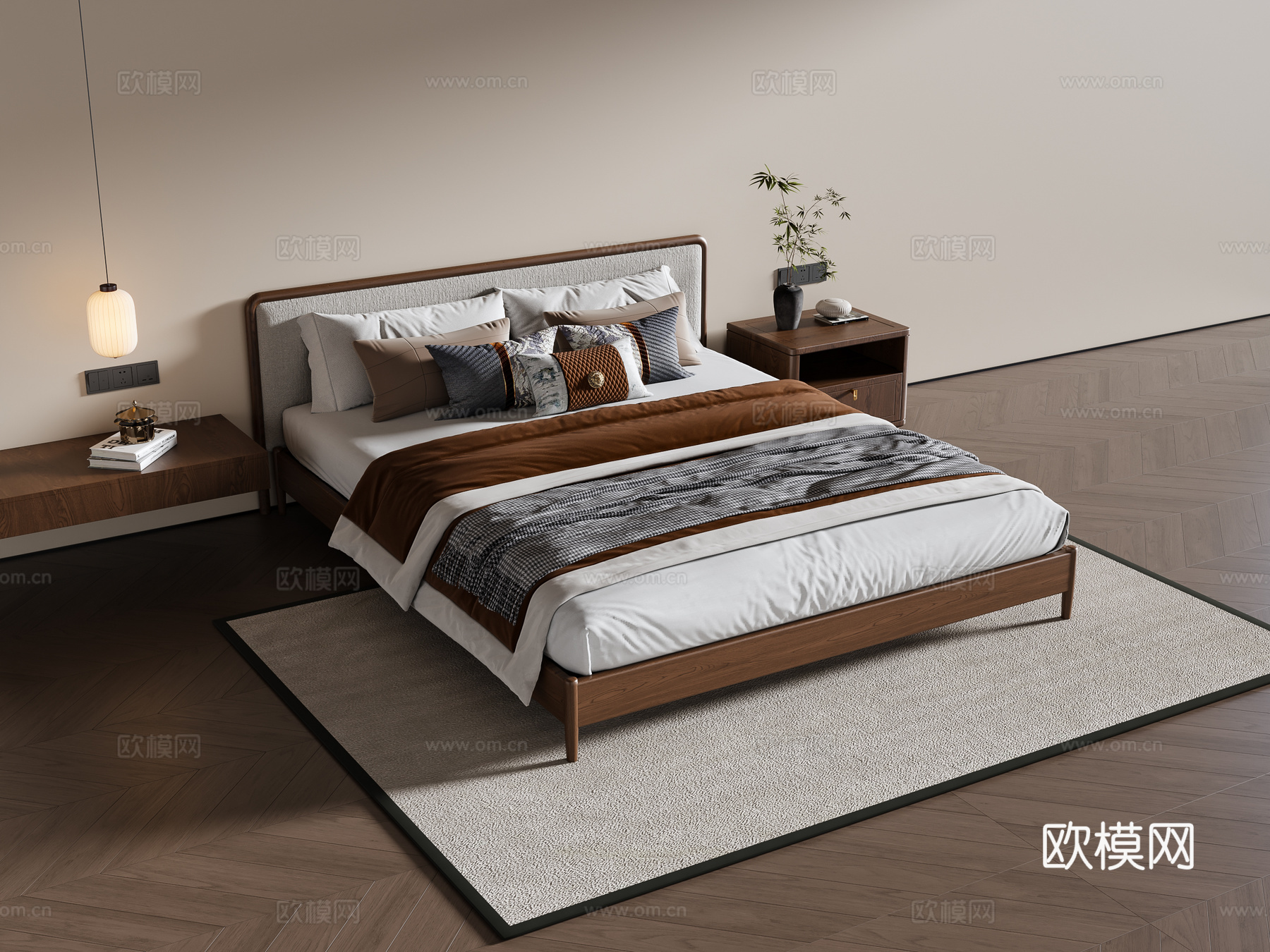 新中式双人床 实木双人床 床头柜 吊灯 地毯su模型