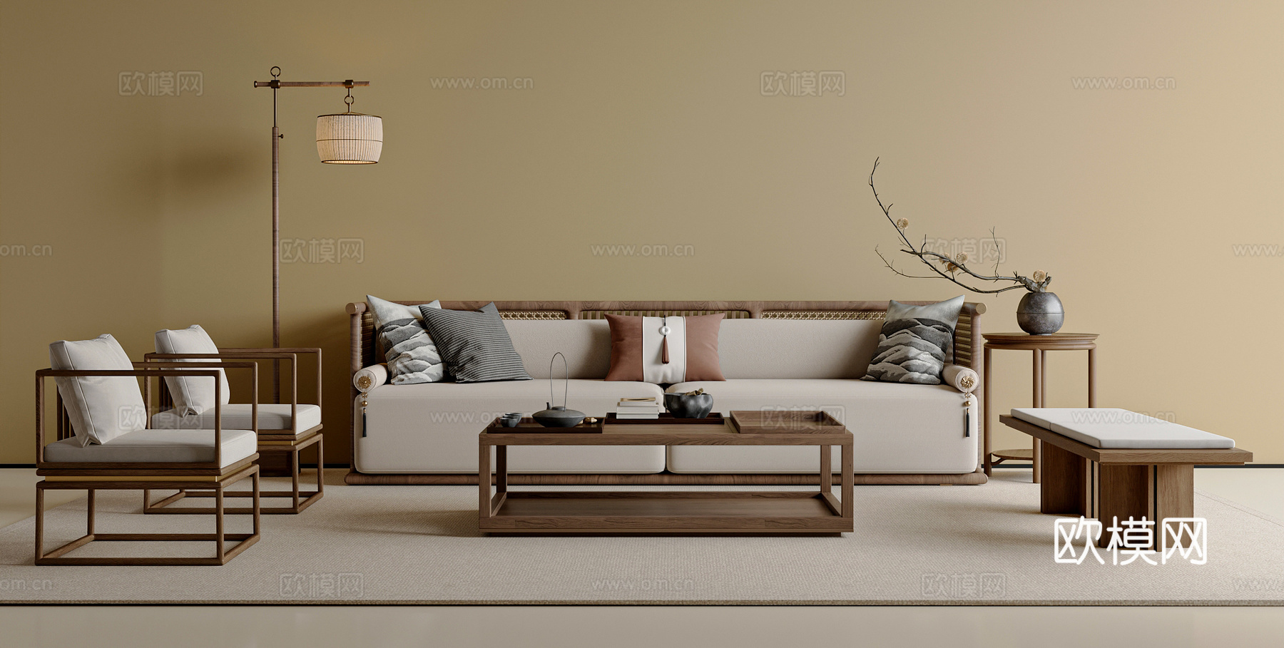 新中式中式沙发茶几组合 中式茶几 挂画 中式椅子 客厅沙发3d模型下载