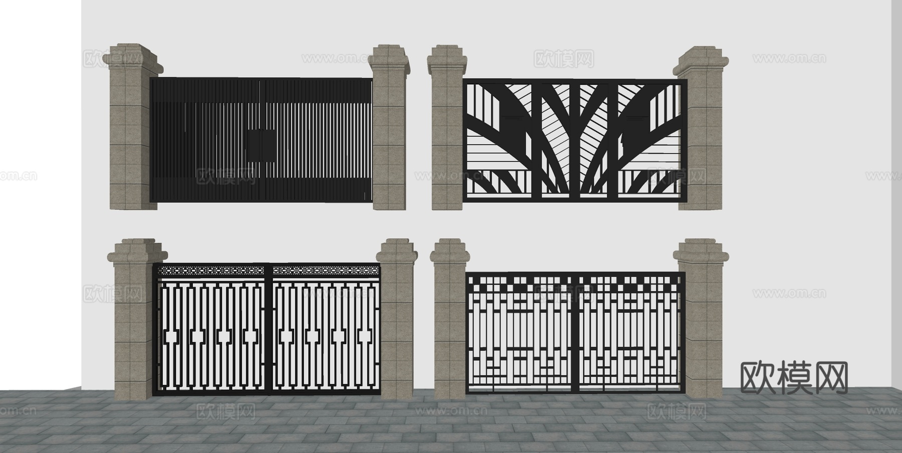 新中式别墅大门 石柱基座入户门 别墅庭院大门 仿古铜件装饰门su模型