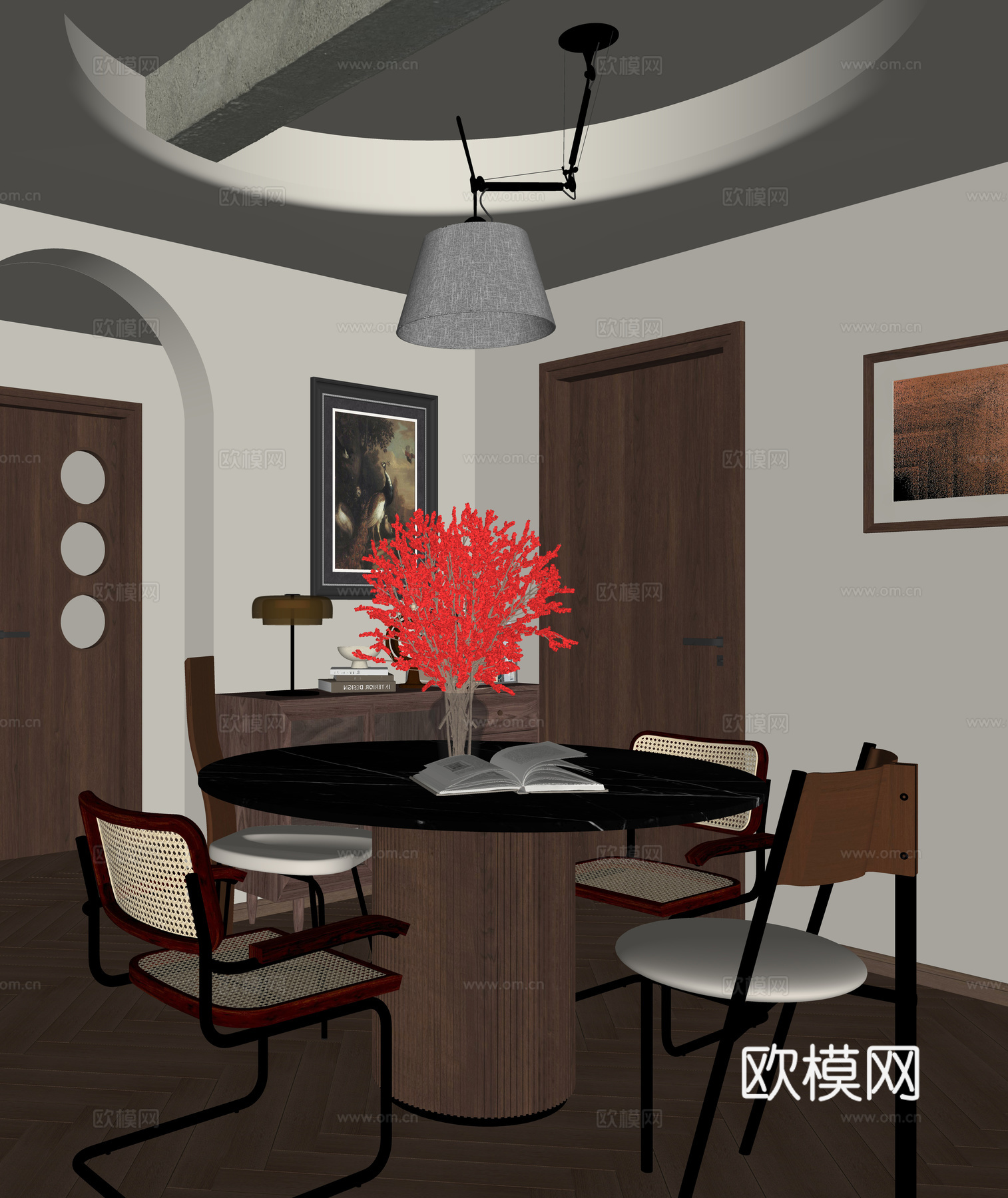 现代中古风餐厅su模型