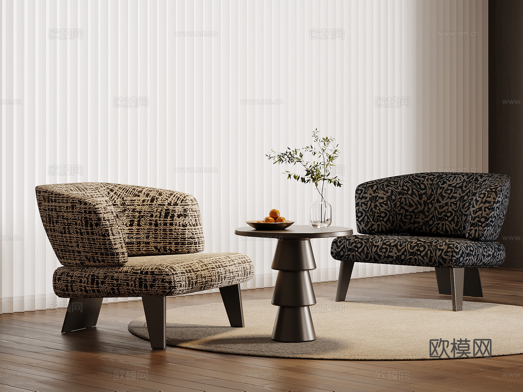 现代中古风休闲椅 布艺沙发椅su模型