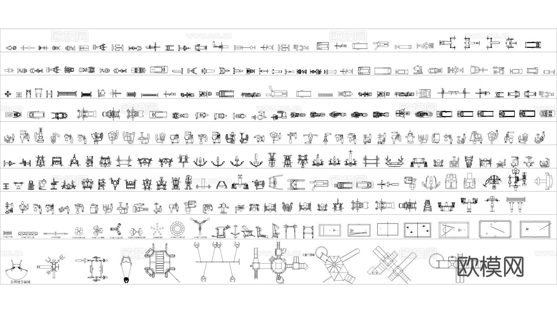 健身房 健身器材 椭圆机 步行机 杠铃 跑步机cad施工图