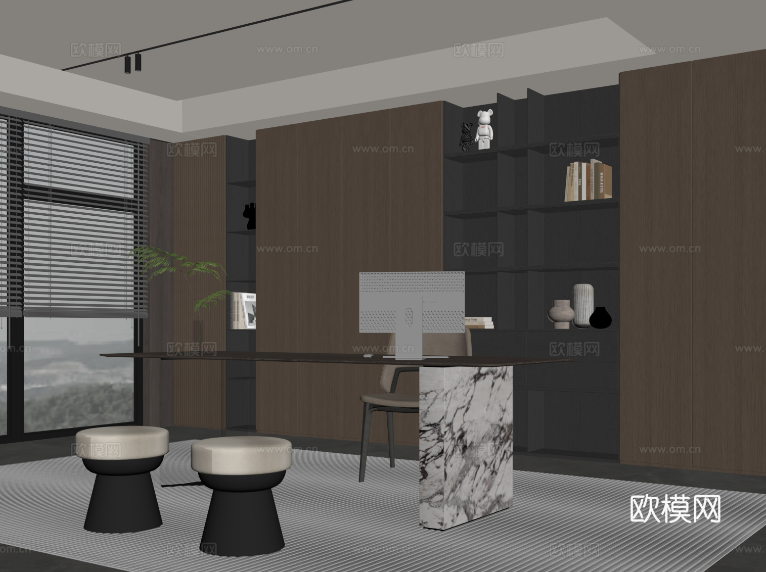 现代意式书房 书柜 书桌椅su模型