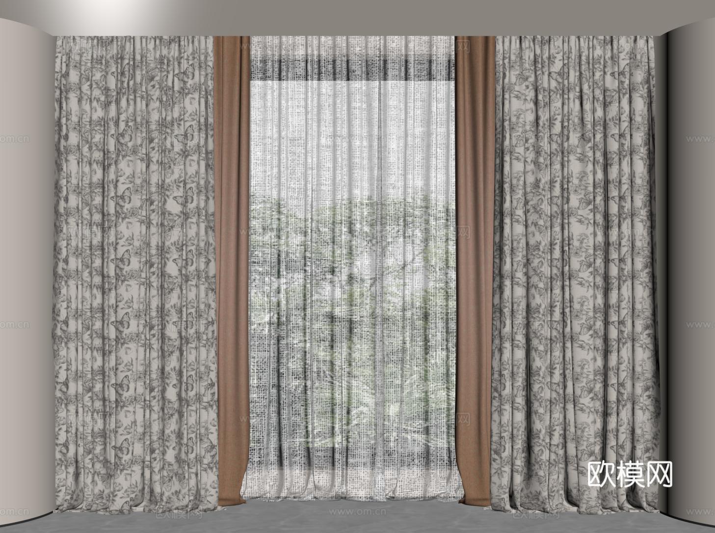 法式布艺窗帘 复古印花窗帘 提花遮阳帘 纱帘su模型
