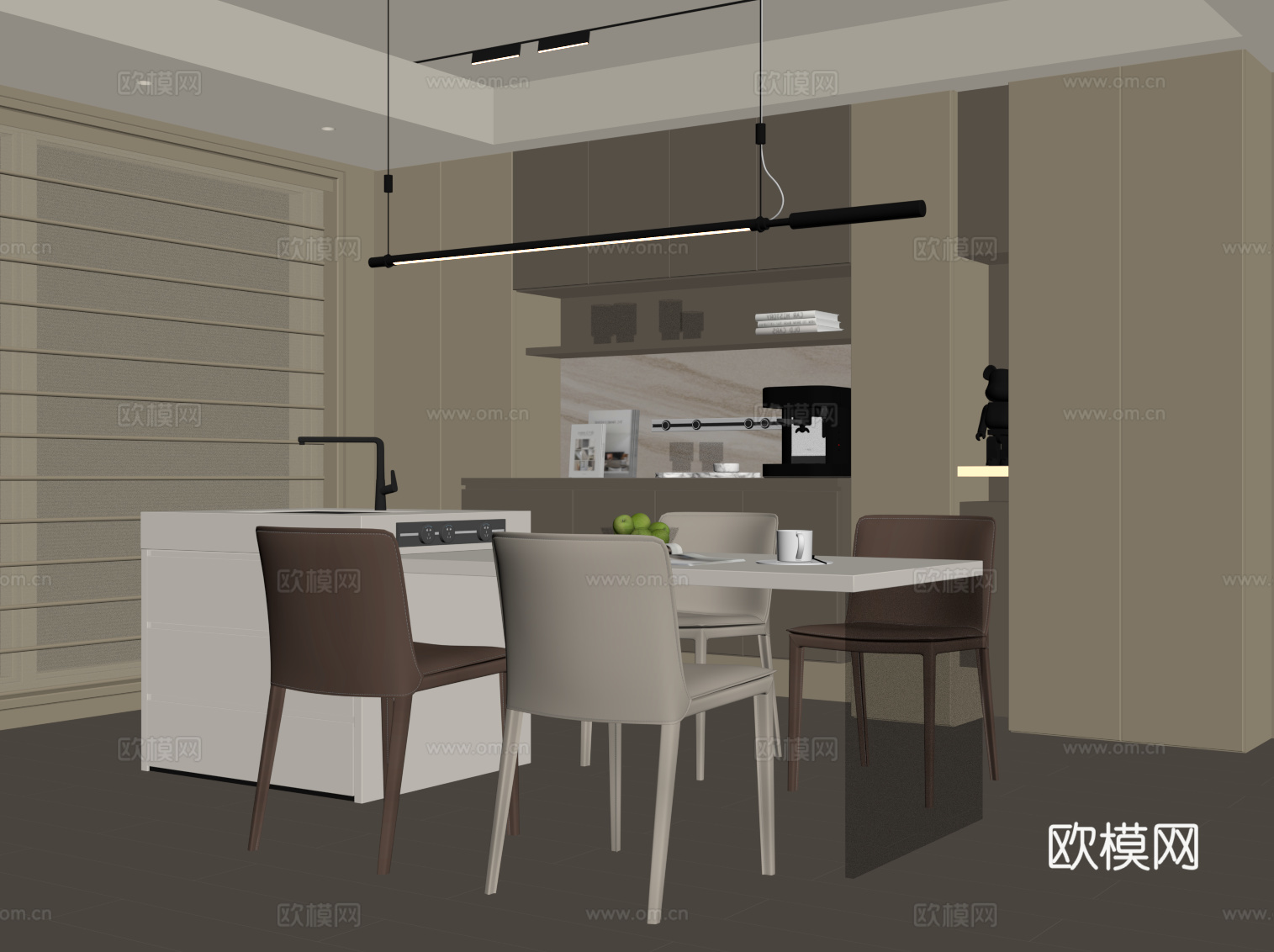 现代奶油风餐厅 酒柜 餐边柜 岛台 餐桌椅su模型