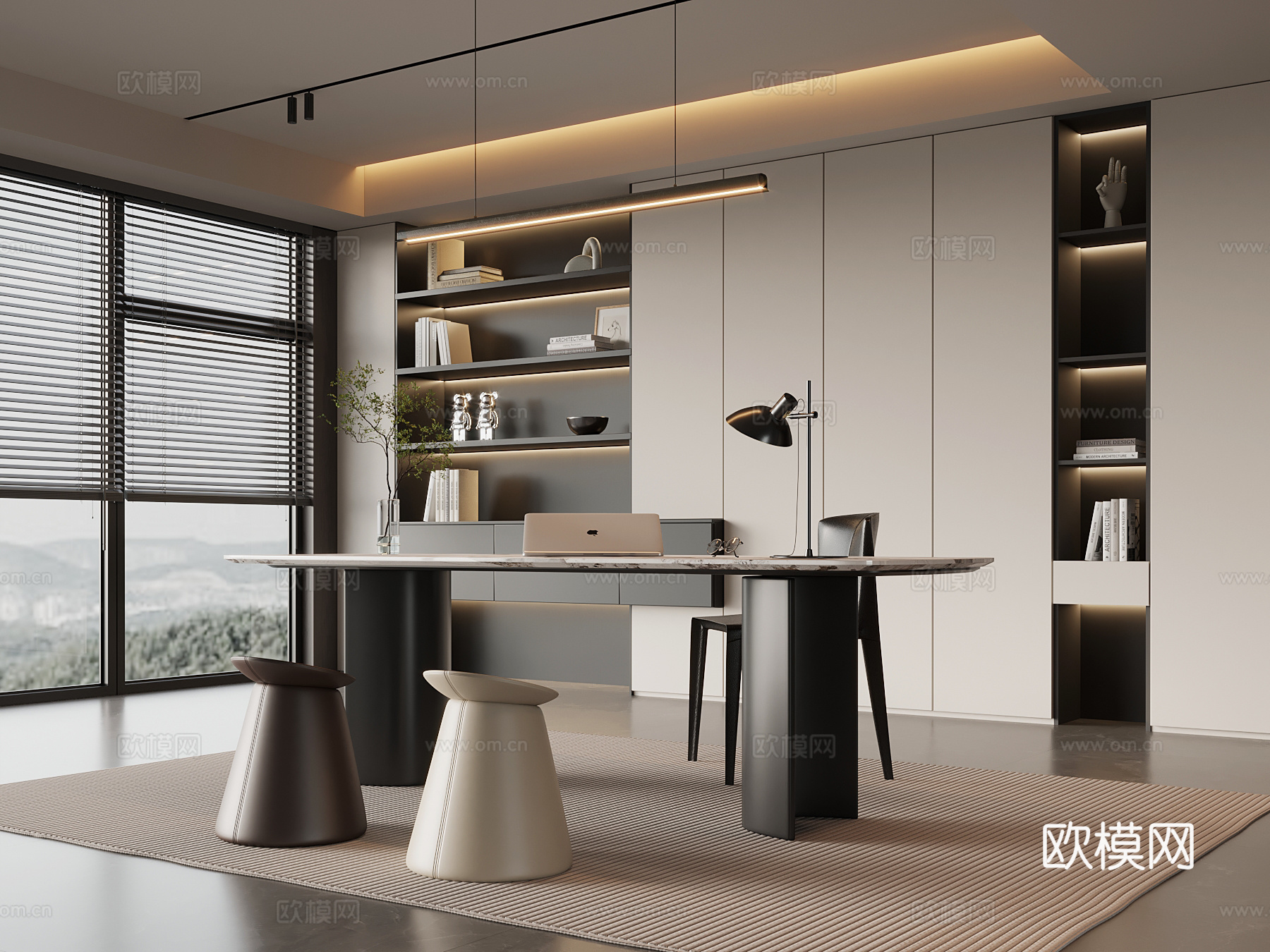 现代意式书房 书柜 书桌椅su模型