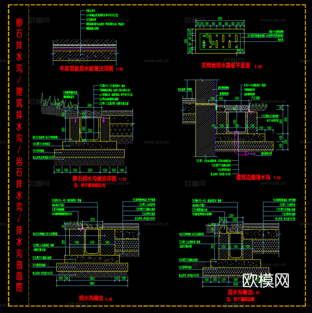 建筑边缘排水沟 卵石排水沟  排水沟 排水盖板剖面图cad施工图