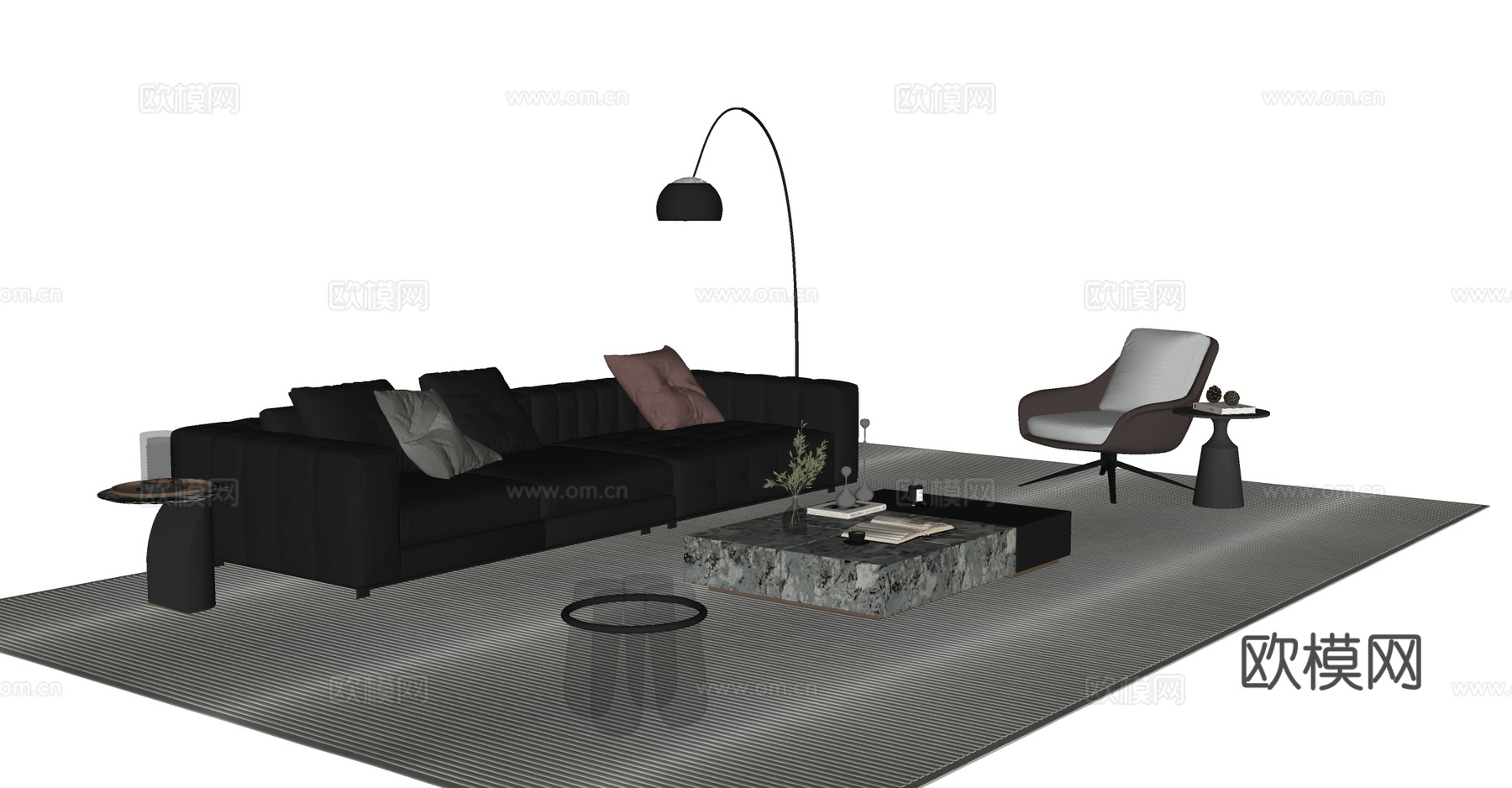 现代简约沙发茶几组合 休闲椅 落地灯 茶几 意式凳子su模型