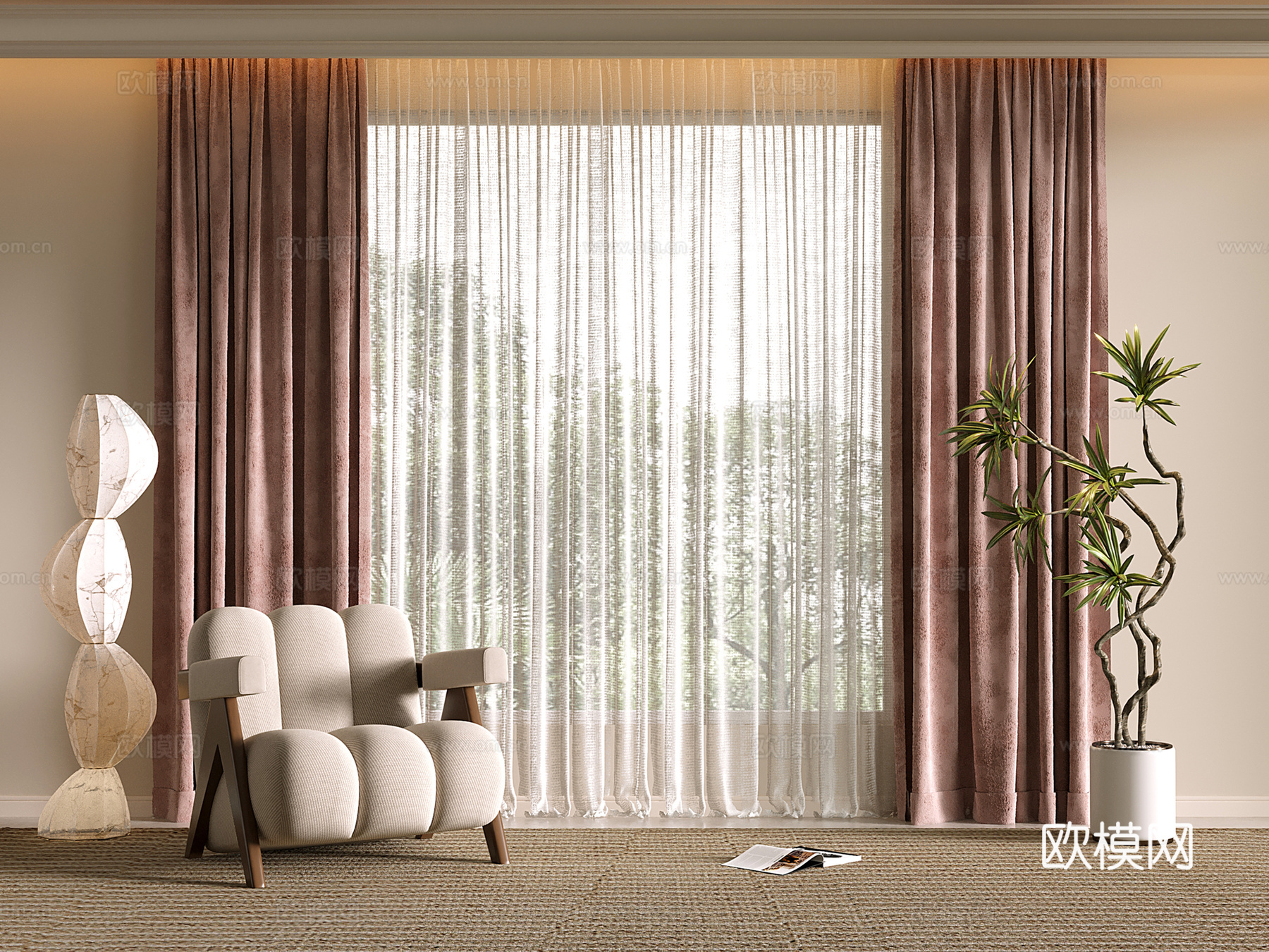 现代布艺窗帘 落地窗帘 粉色窗帘 女孩房窗帘su模型
