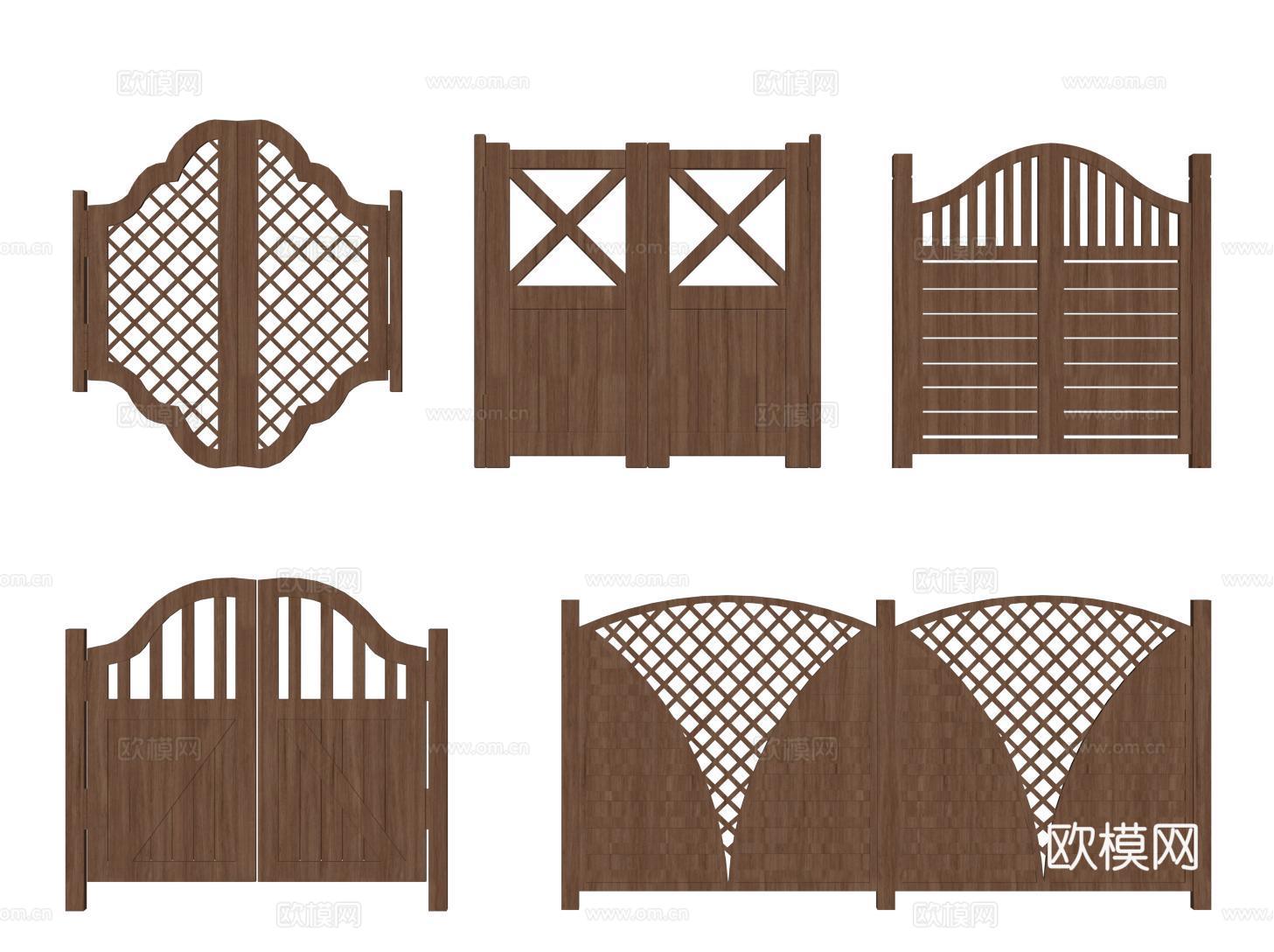 美式庭院门 花园木门 户外篱笆门 防腐木栅栏门 木围栏别墅门su模型