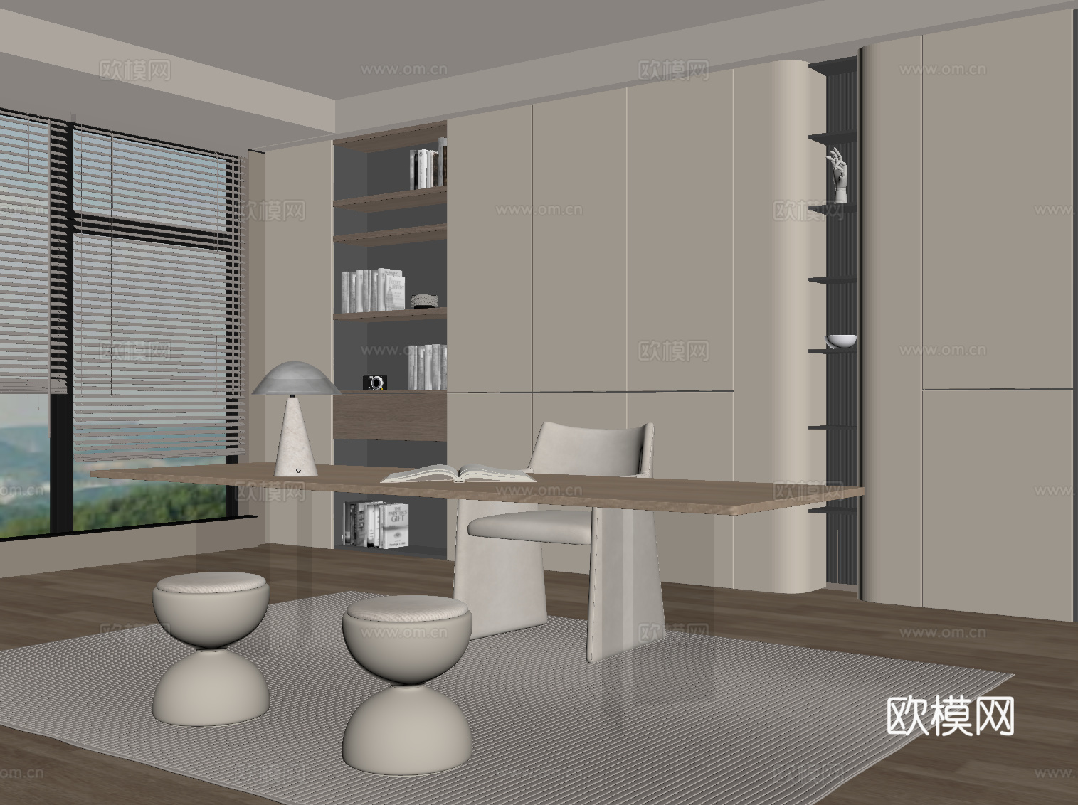 现代简约书房 书柜 书桌椅su模型