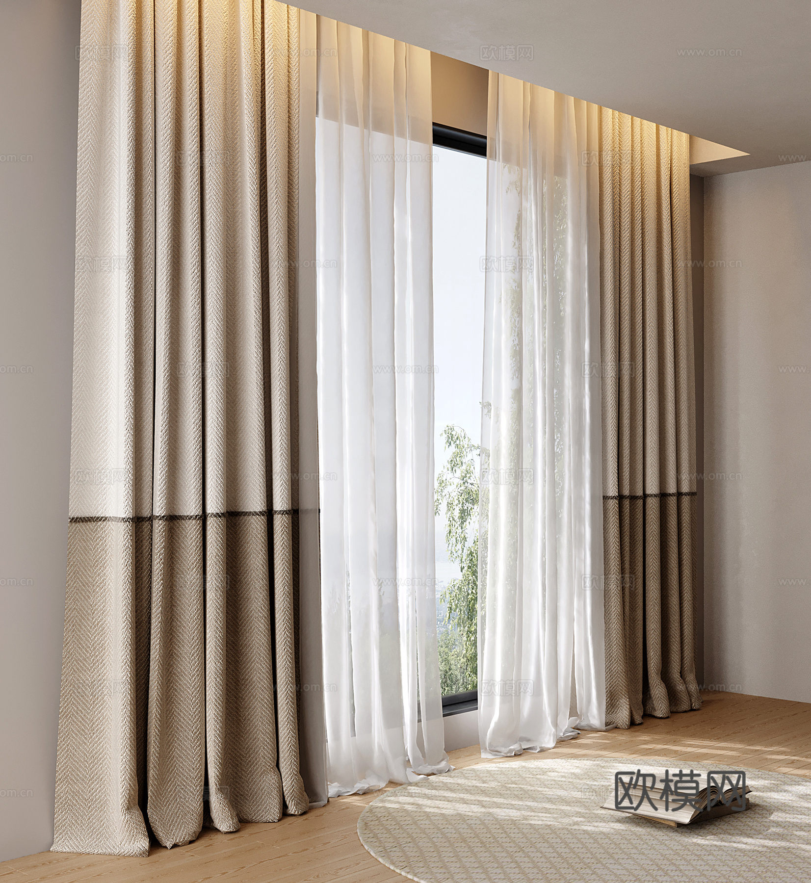 现代布艺窗帘 落地窗帘 遮阳帘 纱帘 分段式窗帘su模型
