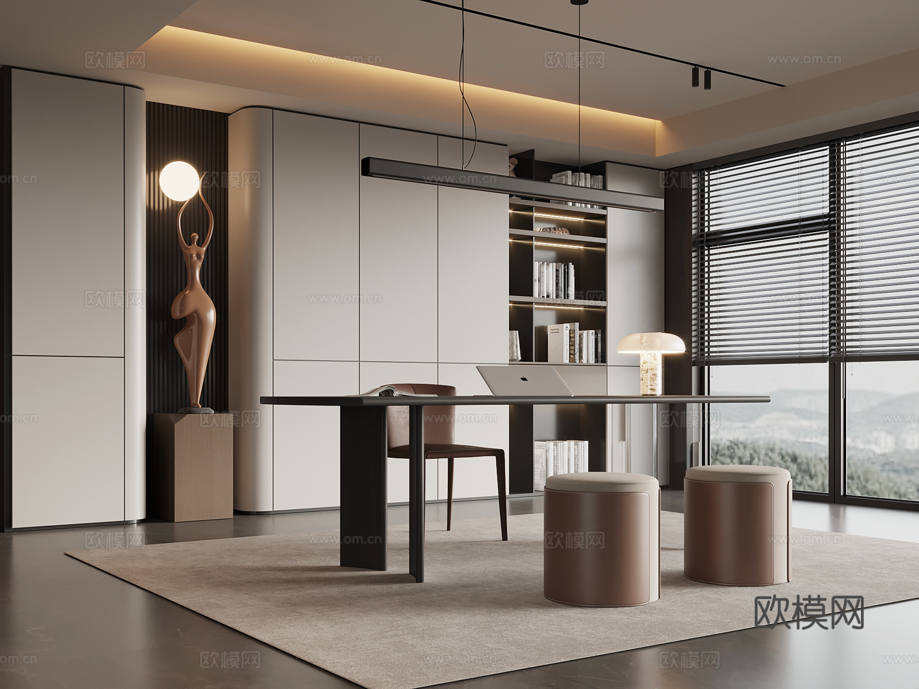 现代意式书房 书柜 书桌椅su模型