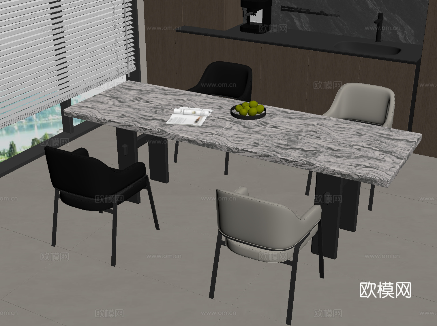 现代意式餐桌椅 条形桌su模型