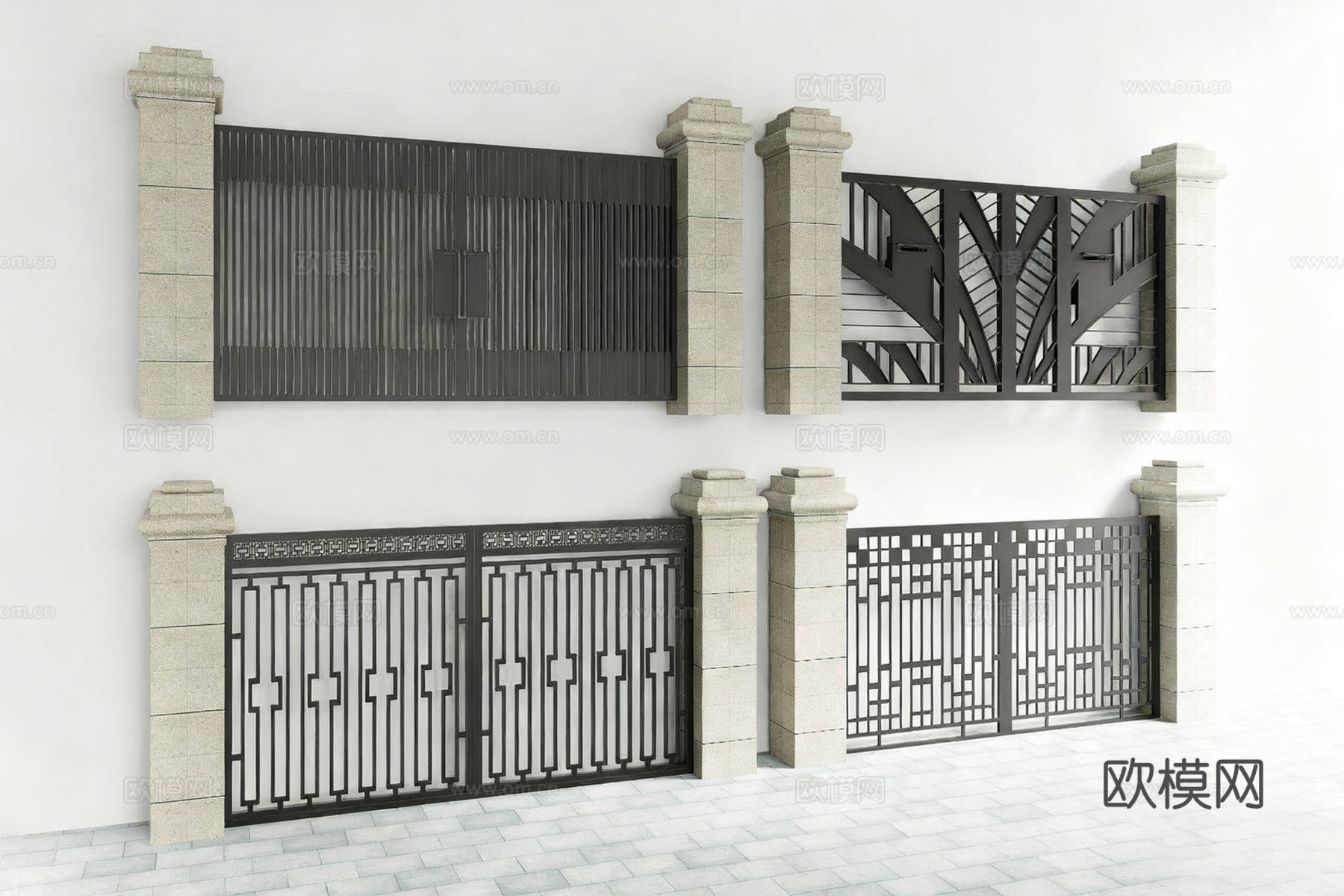 新中式别墅大门 石柱基座入户门 别墅庭院大门 仿古铜件装饰门su模型