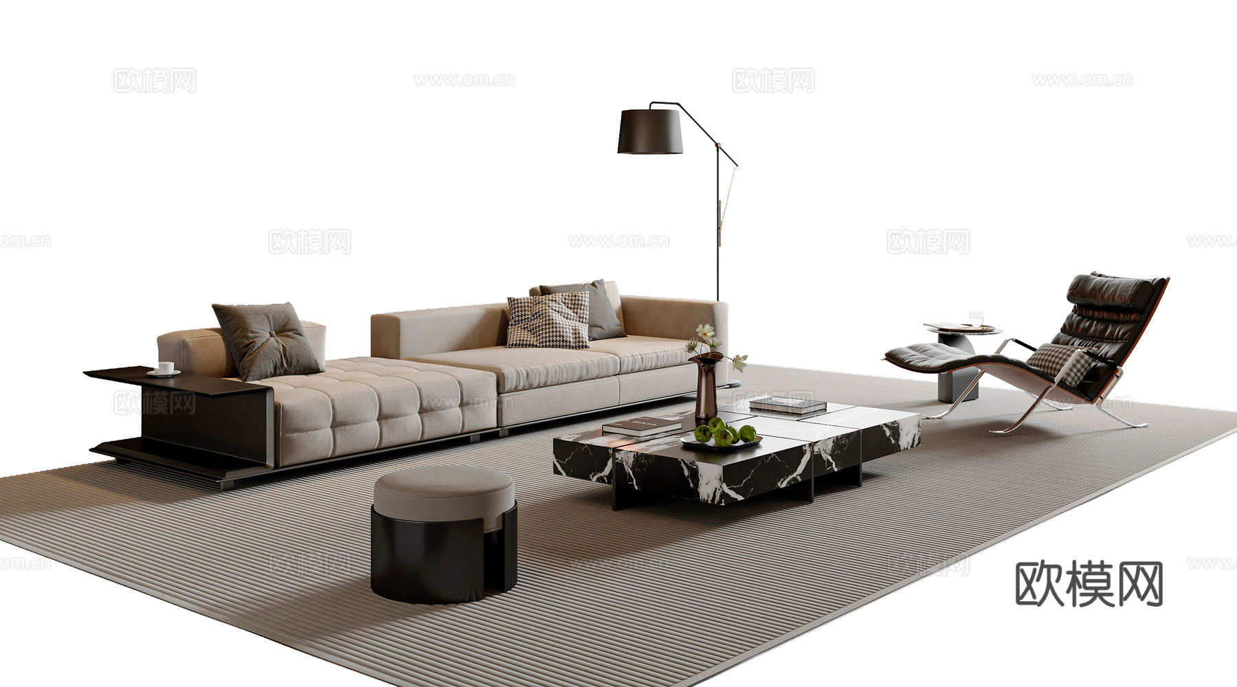 现代简约沙发茶几组合 休闲椅 落地灯 茶几 意式凳子su模型
