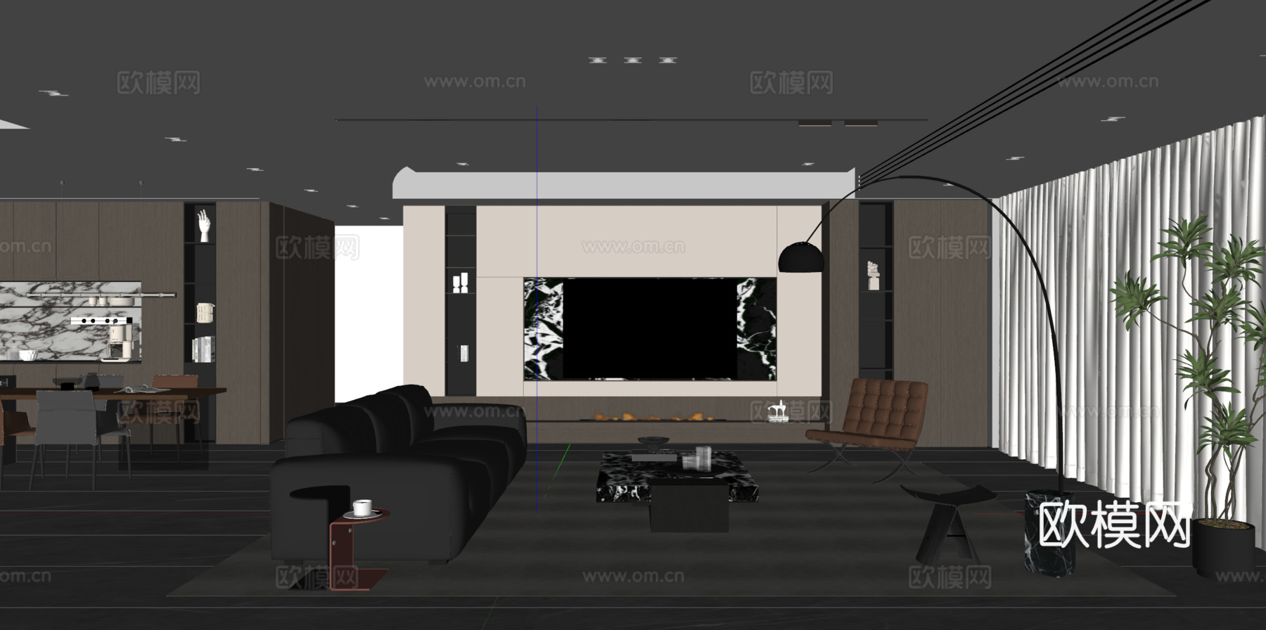 现代意式客餐厅 沙发茶几 餐桌椅 电视背景墙 餐边柜su模型