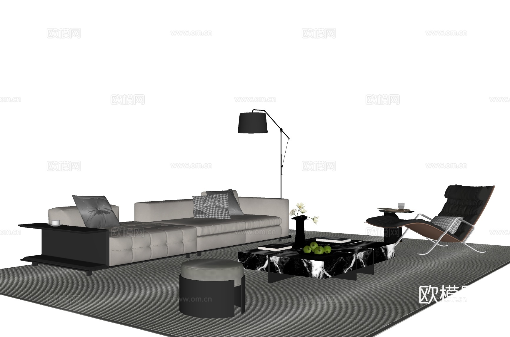 现代简约沙发茶几组合 休闲椅 落地灯 茶几 意式凳子su模型