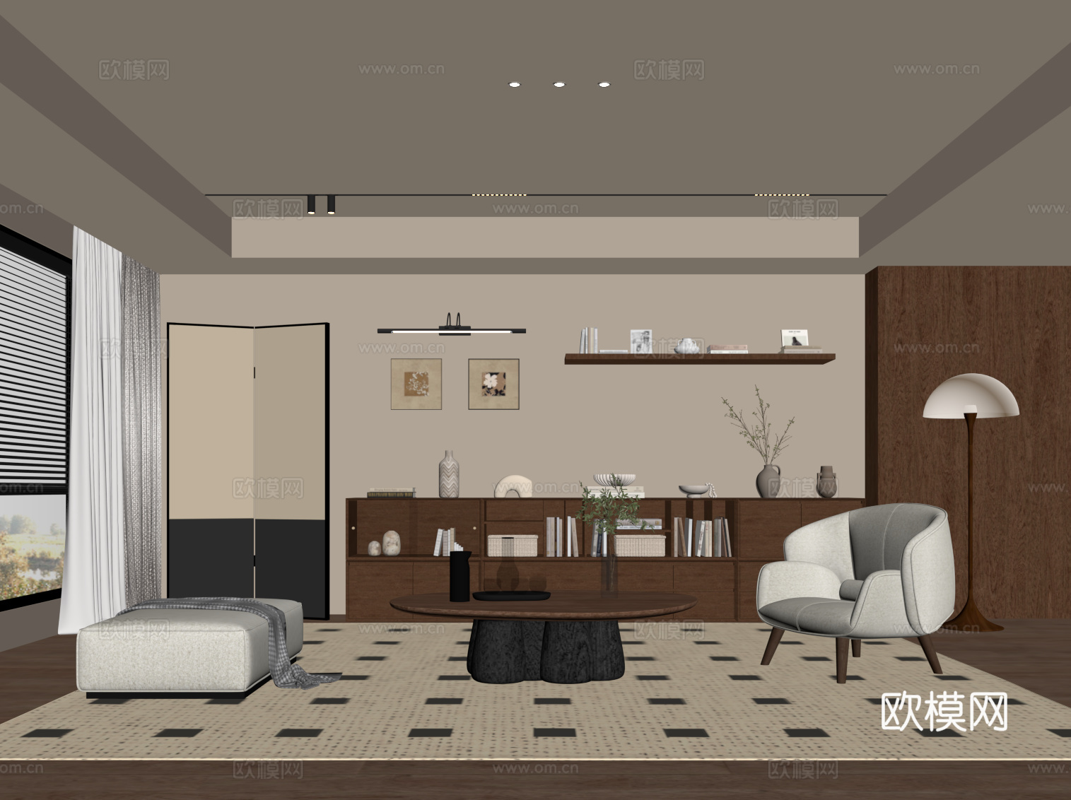 中古风客厅 沙发茶几 书柜 书架su模型