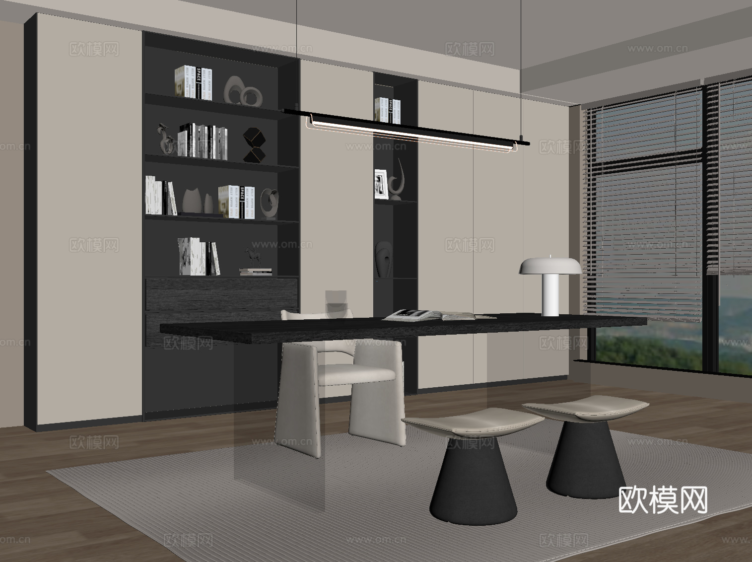 现代意式书房 书柜 书桌椅su模型