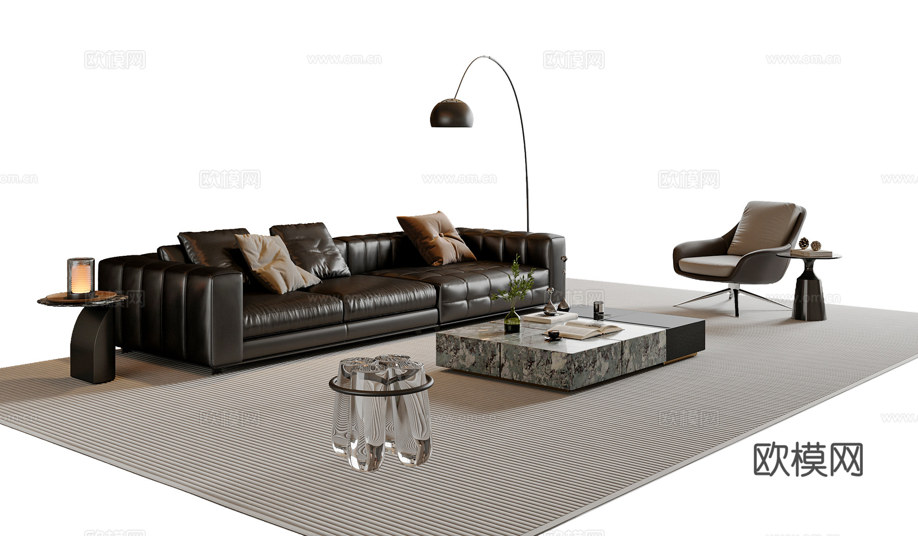 现代简约沙发茶几组合 休闲椅 落地灯 茶几 意式凳子su模型